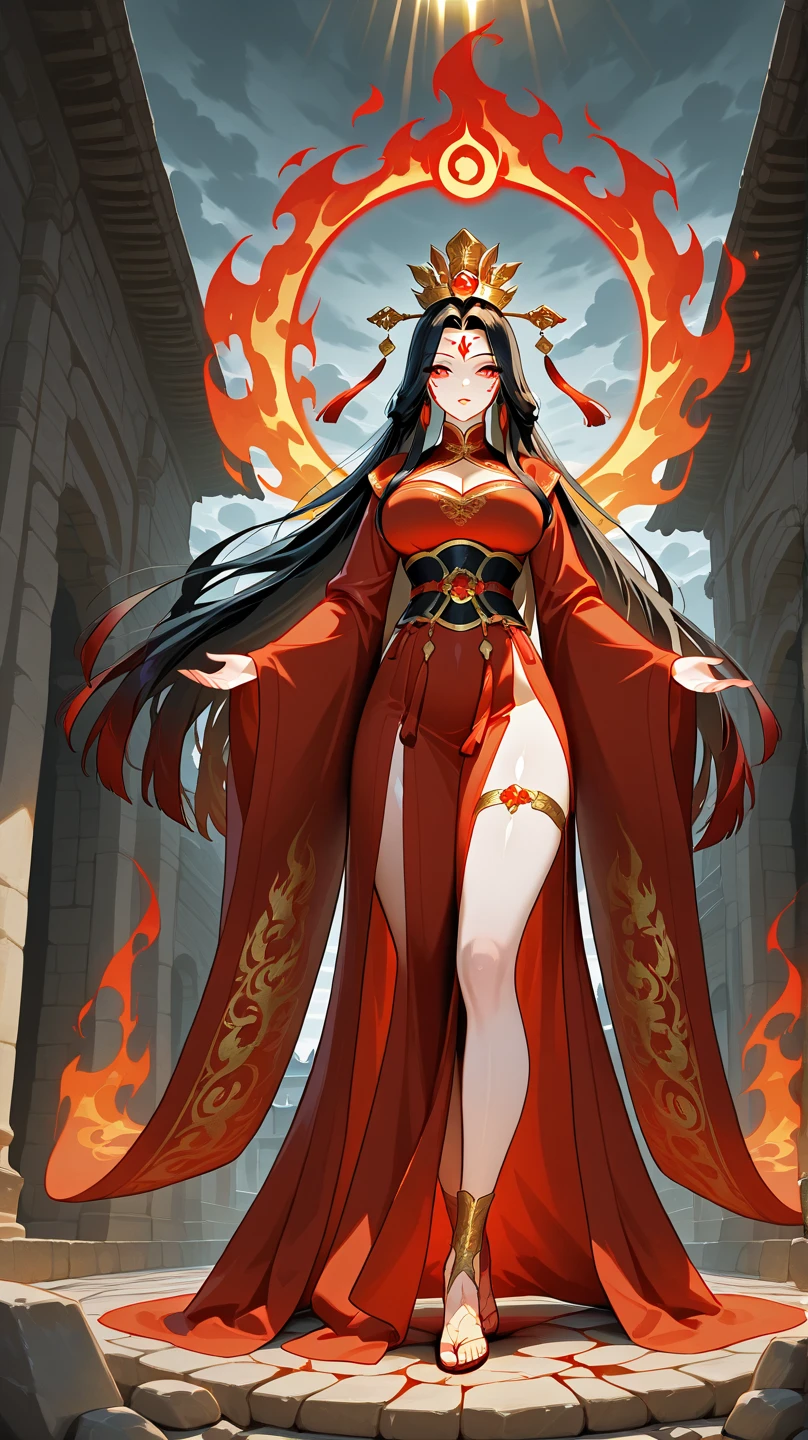 Ancient Chinese demon realm, enchanting, a demon empress with small breasts, exuding an air of mystery and allure, clad in a majestic, intricately detailed crimson robe with gold accents, adorned with exquisite, many-layered textures and precious stones, her long, wavy black hair cascading down her back, her piercing, small, red pupils glowing with a fiery intensity, her delicate, angular features sharply defined, her small mouth curving into a subtle, sly smile, her hands resting gently on her thighs, her small breasts barely concealed beneath the open neckline of her robe, her gaze radiant and captiv