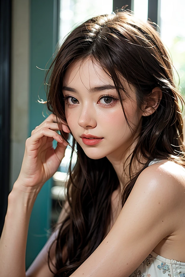 ((Highest quality)),((8K)),(Genuine)、(detailed)、(Beach)、(Bust up shot)、(Big Breasts)、Golden ratio of face to shoulder width、繊細でdetailedな鮮やかな美しい色の衣裳:1.4、Micro Bikini、Halter Neck Bikini、Shiny Berry Short、Glowing Skin、Japanese、beauty、Looking into the camera、Duck mouth、cute、Hehehe:1.2、Shot with a film camera、RAW shooting、#24、Genuine、フォトGenuine:1.4、Photon Mapping、Physically Based Rendering、Perfect Anatomy、detailedなデコルテ、detailedな目、detailedな二重、detailedな咬筋、detailedな鎖骨、Perfect Fingers、Finger Description、(品質 8K)、((White skin))、Avoid mascara、Hair with movement、detailedな毛穴、Natural light、detailedな描写、Blushing、Fine pores、Perfect cleavage、masterpiece、Blushing、Hair with movement、detailedな腹筋、Sparkling、Cowboy Pose、sexy、detailedな脇の下、(Big Breasts)、face closeup 、(Upper Body)、detailedな目元、