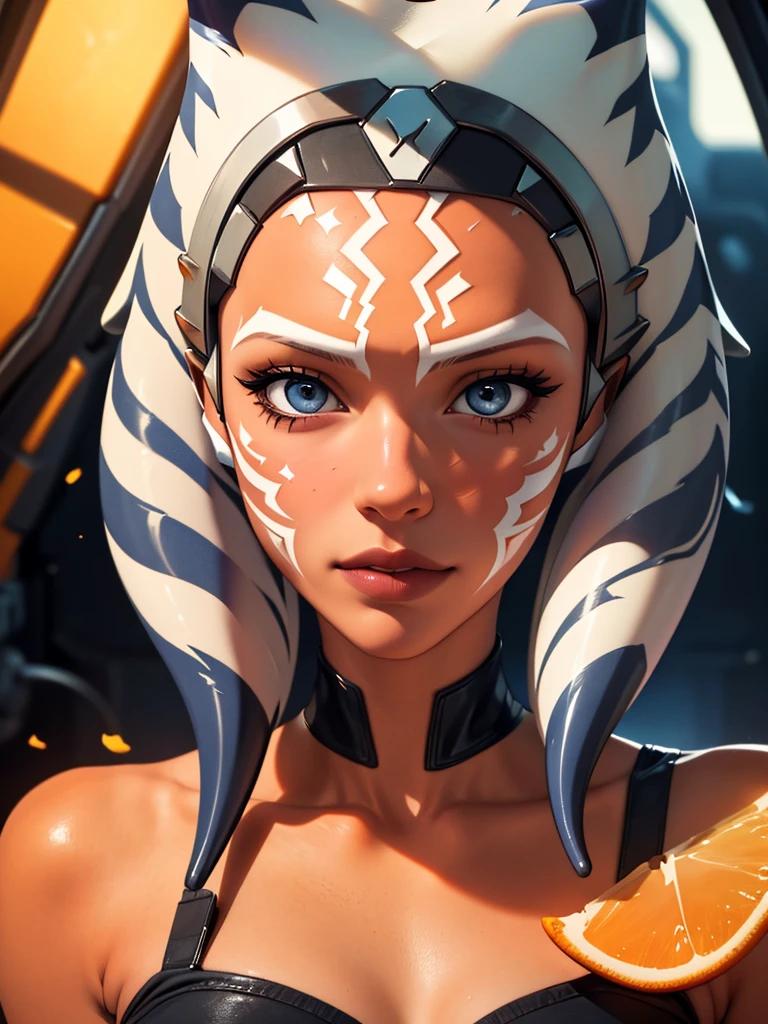 (masterpiece, La Best quality, ultra detailed), Asokatano bare chest, (Orange peel:1.2), Blue eyes, draw up, (blue shirt:1.2), thigh armor,(background giant stones volcano colors:1.4),(portrait shot, Upper body), Looking at the viewer,,More detailed 8K.unreal engine:1.4,UHD,La Best quality:1.4, photorealistic:1.4, skin texture:1.4, masterpiece:1.8,masterpiece, Best quality,Object], (detailed facial features:1.3),(Красивые Blue eyes), (Detailed beautiful fingers),(perfect anatomy),sexy pink underwear,(background city Tokyo cyberpunkAI colors:1.4) ,(Associated sexy),Clone Wars Ciudad,