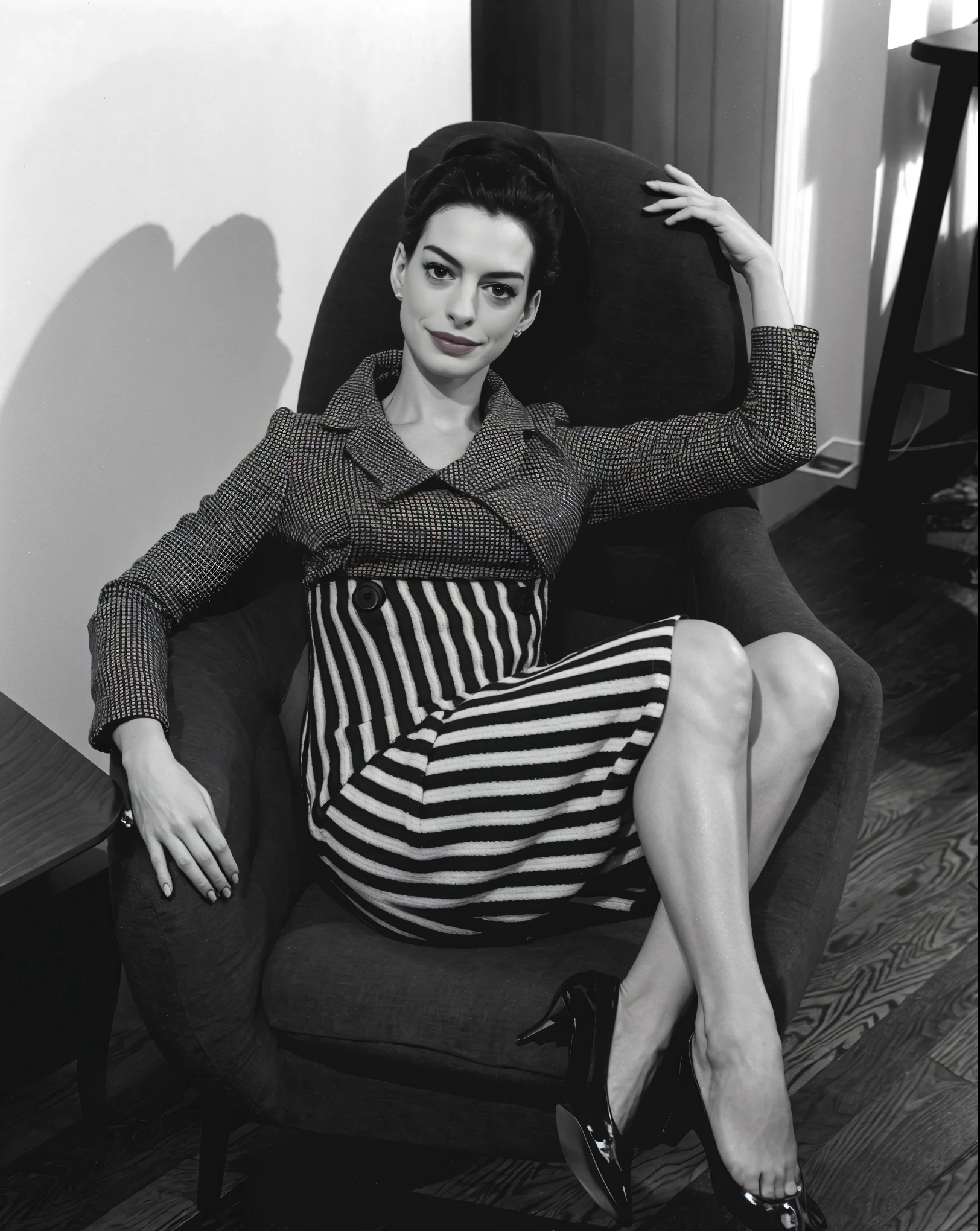 Actress Anne Hathaway sitting on a couch 