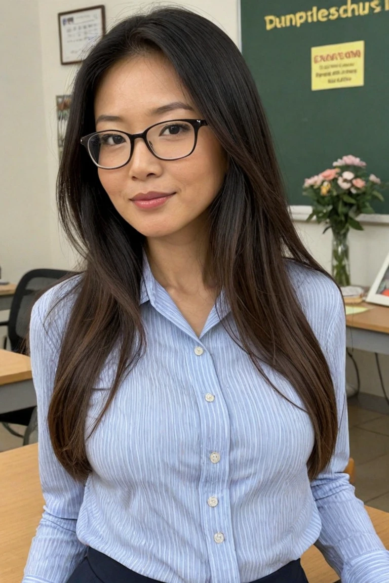 The best picture,The most realistic,4K clarity,Older Asian women,head to knees,sexy, eyes looking at camera,teacher,wearing glasses,red lips,