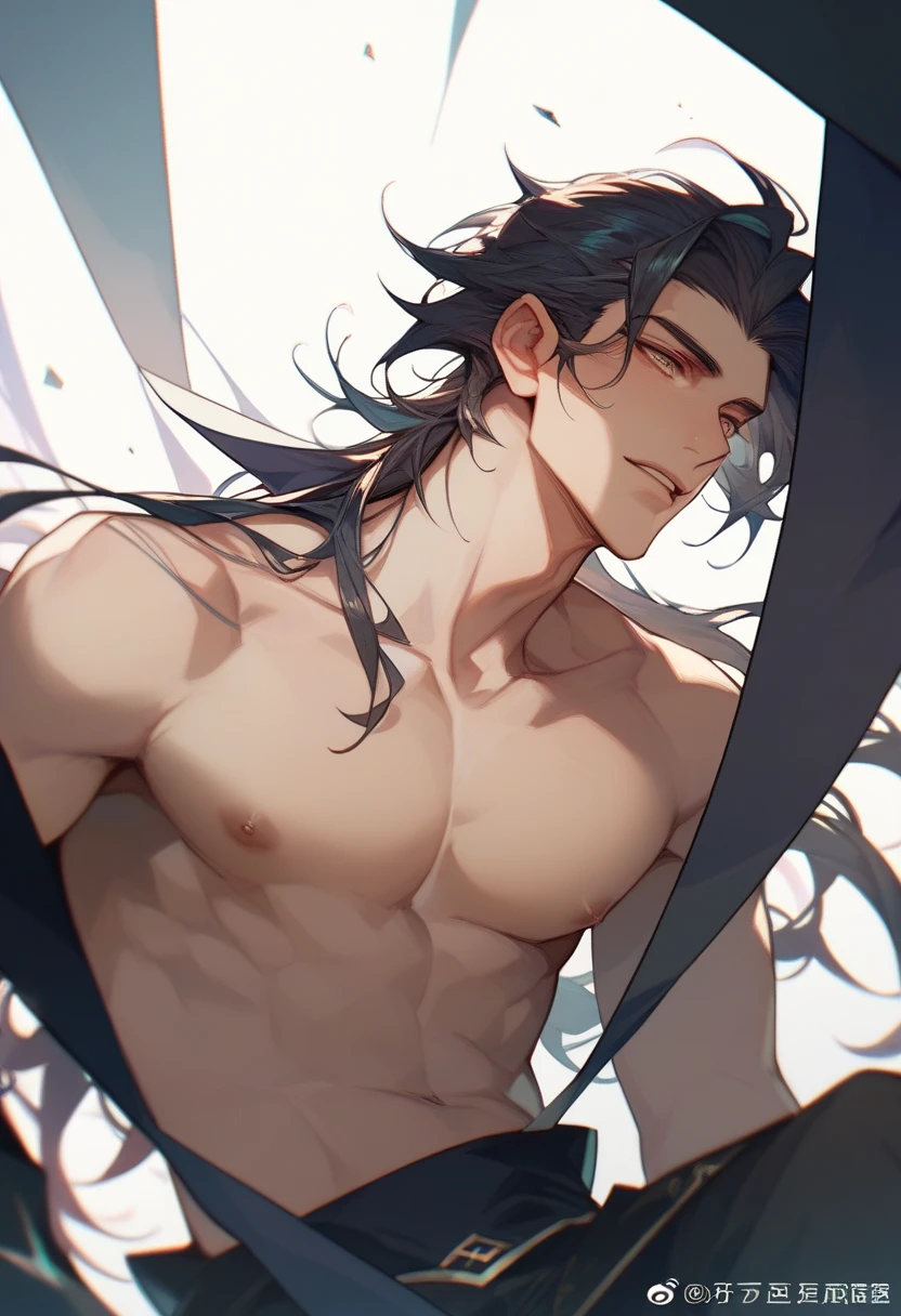 Sexy young man with black hair and golden eyes without a shirt