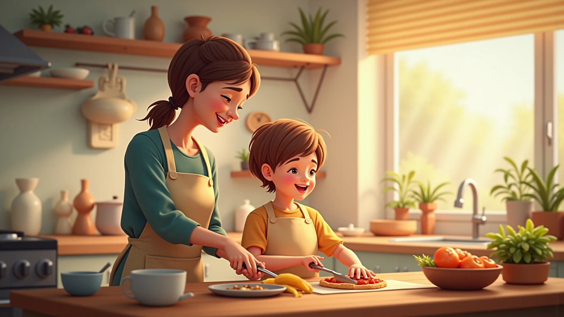 mom boy girl playing baking bread
