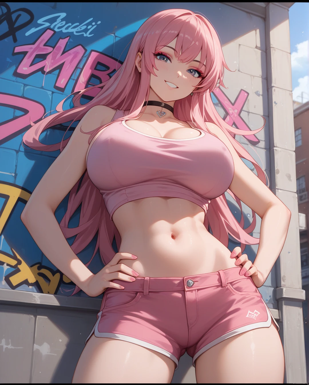 1 girl,mature women,big ,thighs,navel,very tight and short shorts,white tanktop,big ,erect,blush,lewd,pink hair,long hair,headphone kitty,undressing her tanktop