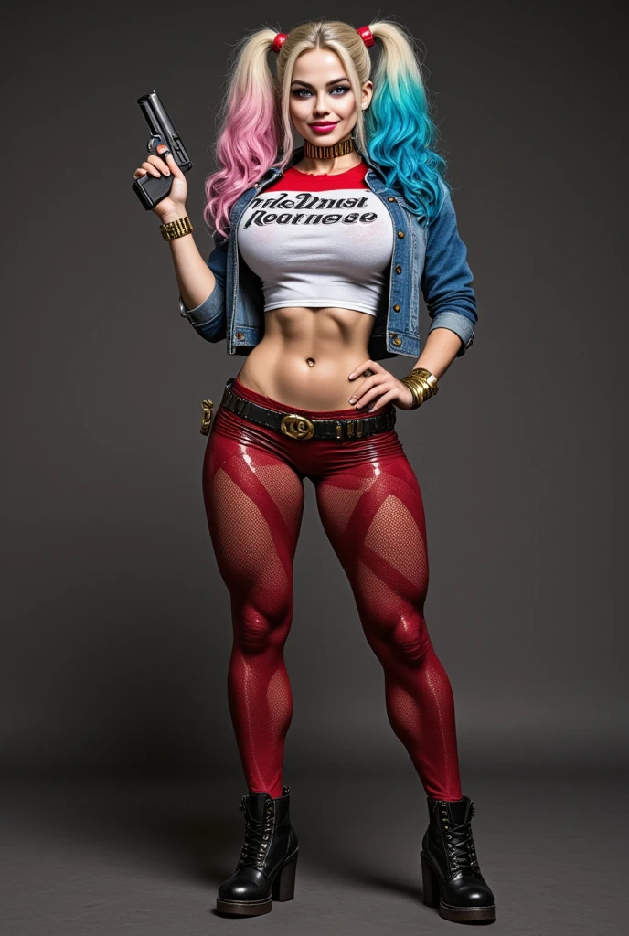 (Muscular:2), (thick thighs:2), 
female, 
detailed eyes, (big smile:1.4), detailed skin,

(blonde hair, twintails, short shorts, pantyhose, crop top, makeup, midriff, navel, fishnets, multicolored clothes, multicolored hair, collar:1.5), 
(upper body view), (looking at viewer), (three quarter view),
street at night, rim lighting, two tone lighting, dimly lit