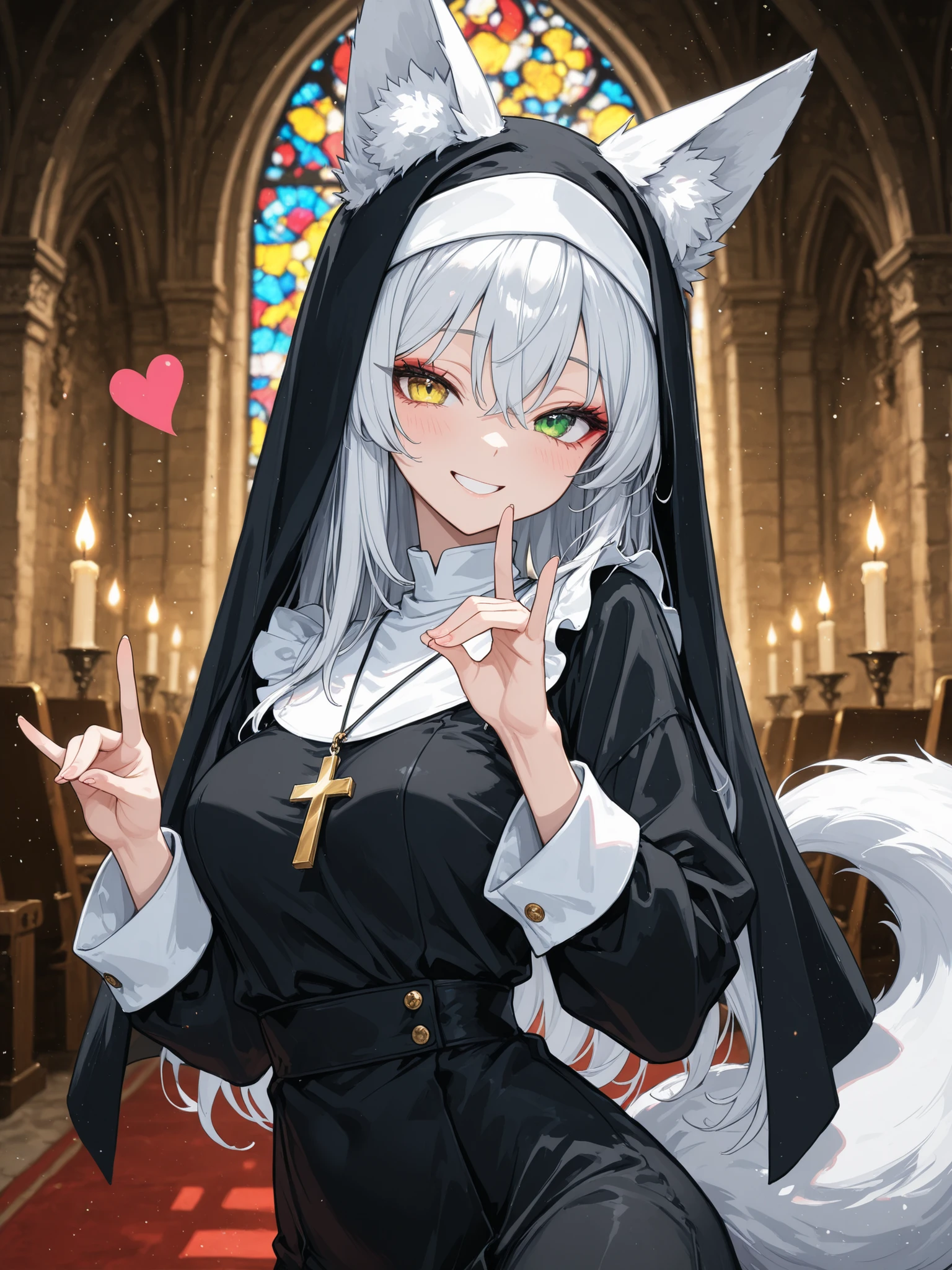 1girl ,animal ears ,silver hair ,green eyes ,yellow eyes ,heterochromia ,long hair ,traditional nun ,grin ,breasts ,fox girl ,fox ears ,fox shadow puppet ,fox tail ,hair between eyes ,heart ,closed mouth ,medium breasts ,smile ,solo ,tail ,church ,coif ,cowboy shot ,cross ,cross necklace ,eyelashes ,eyeshadow ,blurry background ,blush ,candle ,masterpiece, best quality, ultra detailed ,