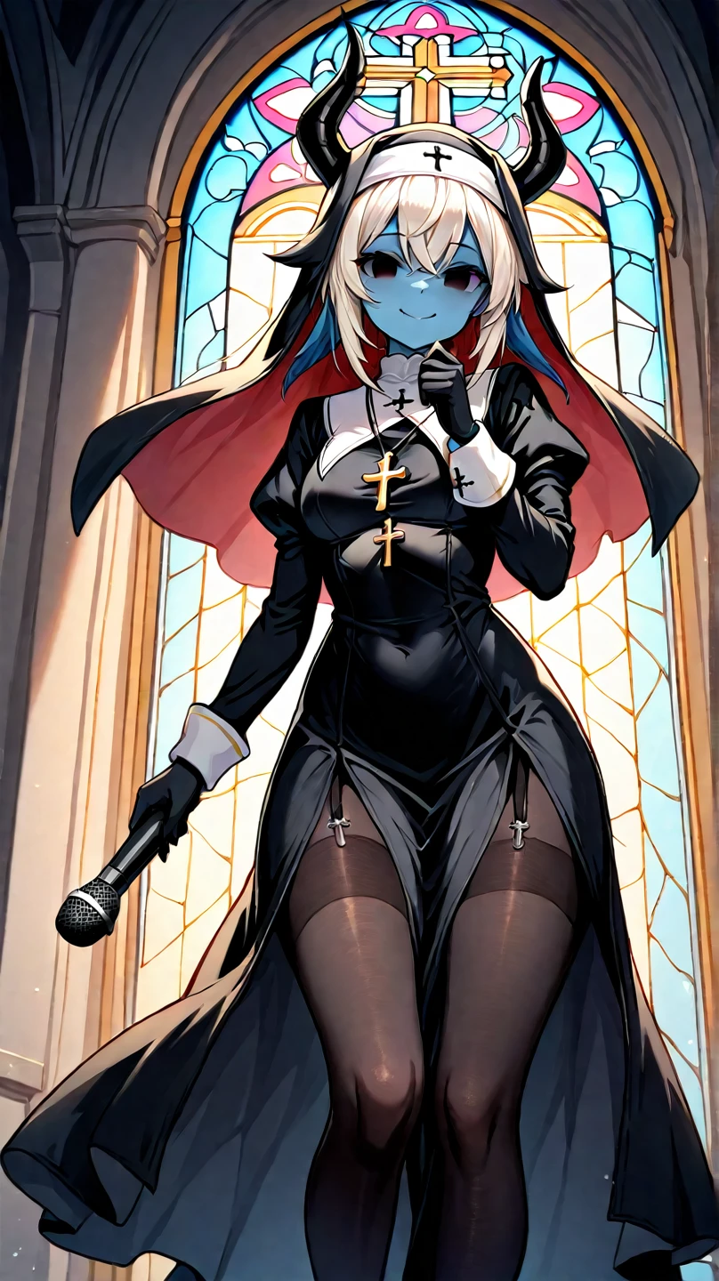 plague doctor, 1girl, solo, hood, mask, gloves, faceless, plague doctor mask, modern house, breasts, arms at sides, wide hips, exposed thigh, embarrassed, heavy blush, blushing, thick thighs, large breasts, indoors, floorboards, window, grey table, nun, bandages, night, cross necklace, thigh high boots, tall leather boots, dark room, heart eyes, (spoken heart), closeup, mature woman, wood door, corset, inviting, dark room, no light, horns on head, demon tail, black white and red outfit, carpet, suit, red black and white background colors, cane, professional, suit, standing over viewer, high heels, white shirt, red inner coat, trench coat skirt, suit pants, best quality, tall, garter belt, laungere