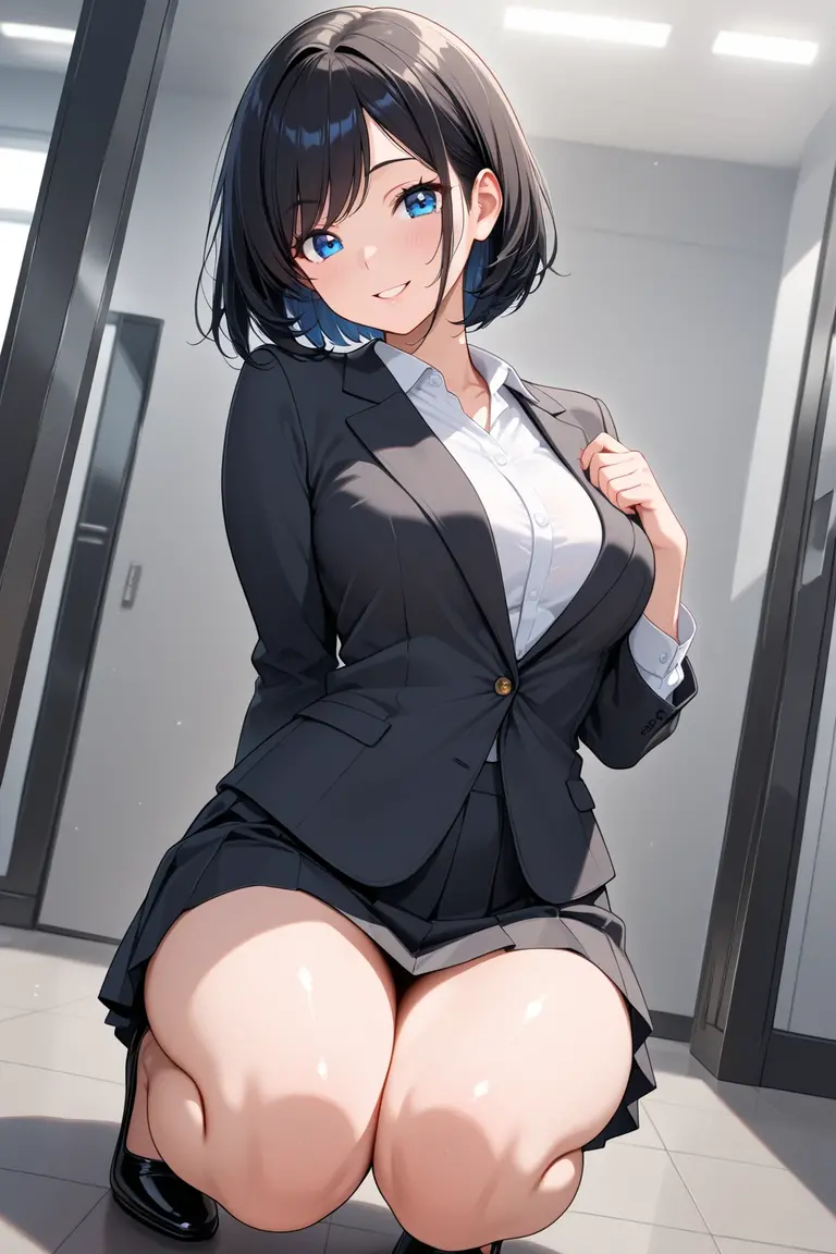 Beautiful girl with one leg on the desk,When I wear a uniform, my chest becomes transparent,Panty shot from skirt,An embarrassed and troubled smile,short-hair,A dark-haired,
