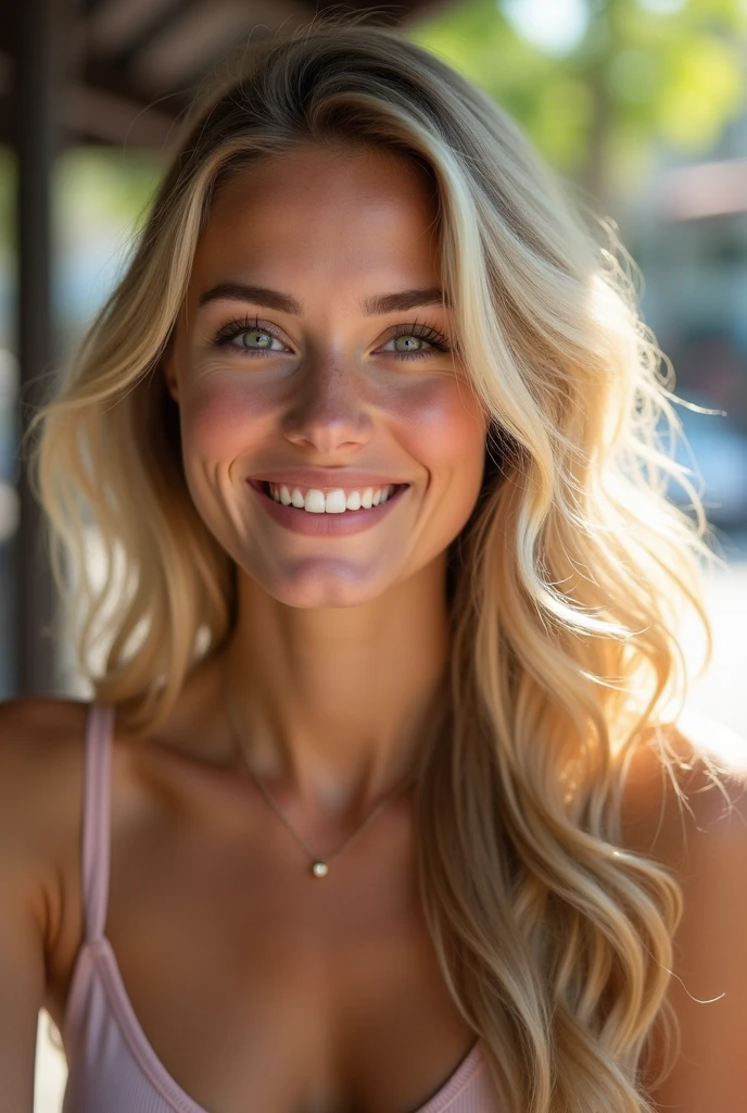 Model, Sunlight, Sun-kissed Skin, Windswept Hair, Smiling, naked, blonde hair, brown eye, depth of field, sparkle, god rays, ray tracing, 85mm, Nikon, UHD, retina, masterpiece, ccurate, anatomically correct, super detail, high details, high quality, best quality, highres