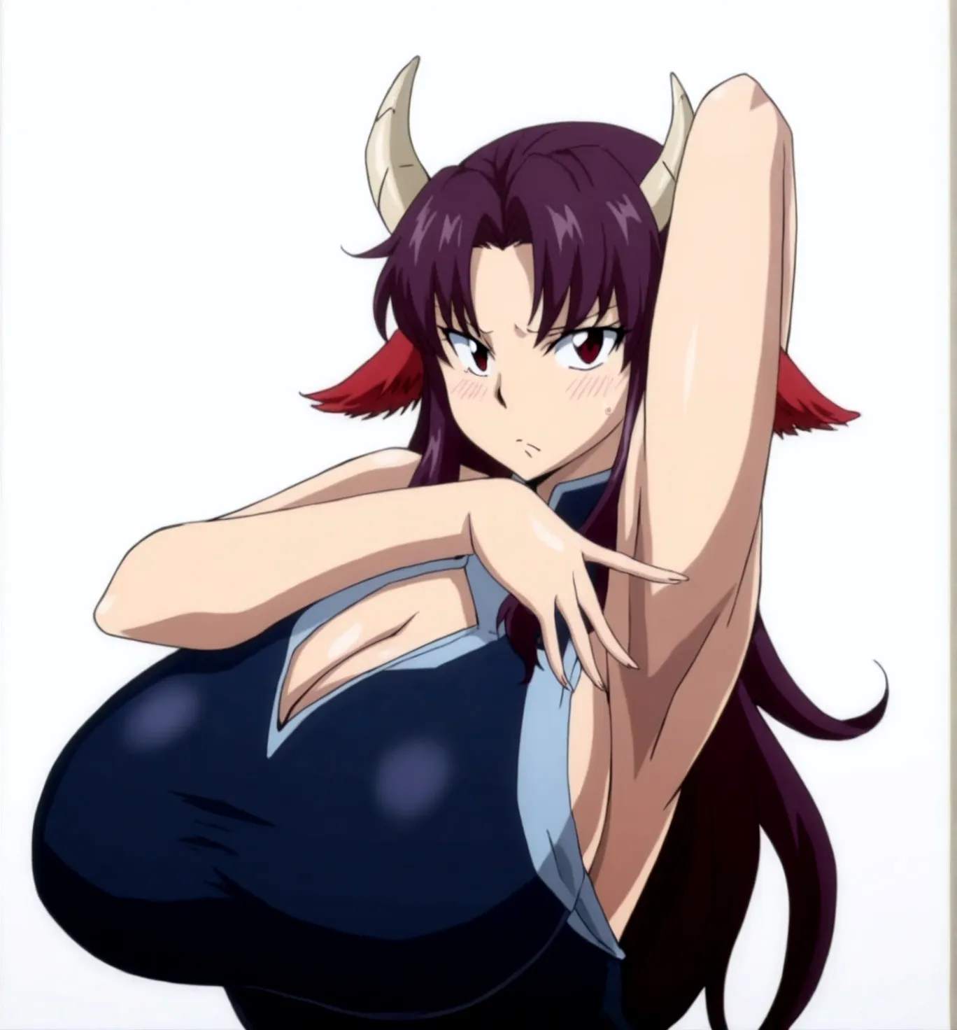 (nanatsu_no_taizai art style), masterpiece, best quality, oni girl,16k wallpaper, ultra high quality, 1girl, close up:1, (white oni horns), (gigantic chests), (dark red lacy dress), (juicy lips), (very long and beautiful dress), tight dress showing curves, detailed eyes, red eyes, colored eyes, (soft expression), detailed mouth, showing off teeth, sharp fangs, (dark brown hair), (wavy hair), long hair, very wide hips, solo, (rich garden background), dark lighting, darkness, detailed shaders, (female focus), clear face, perfect face, perfect hands