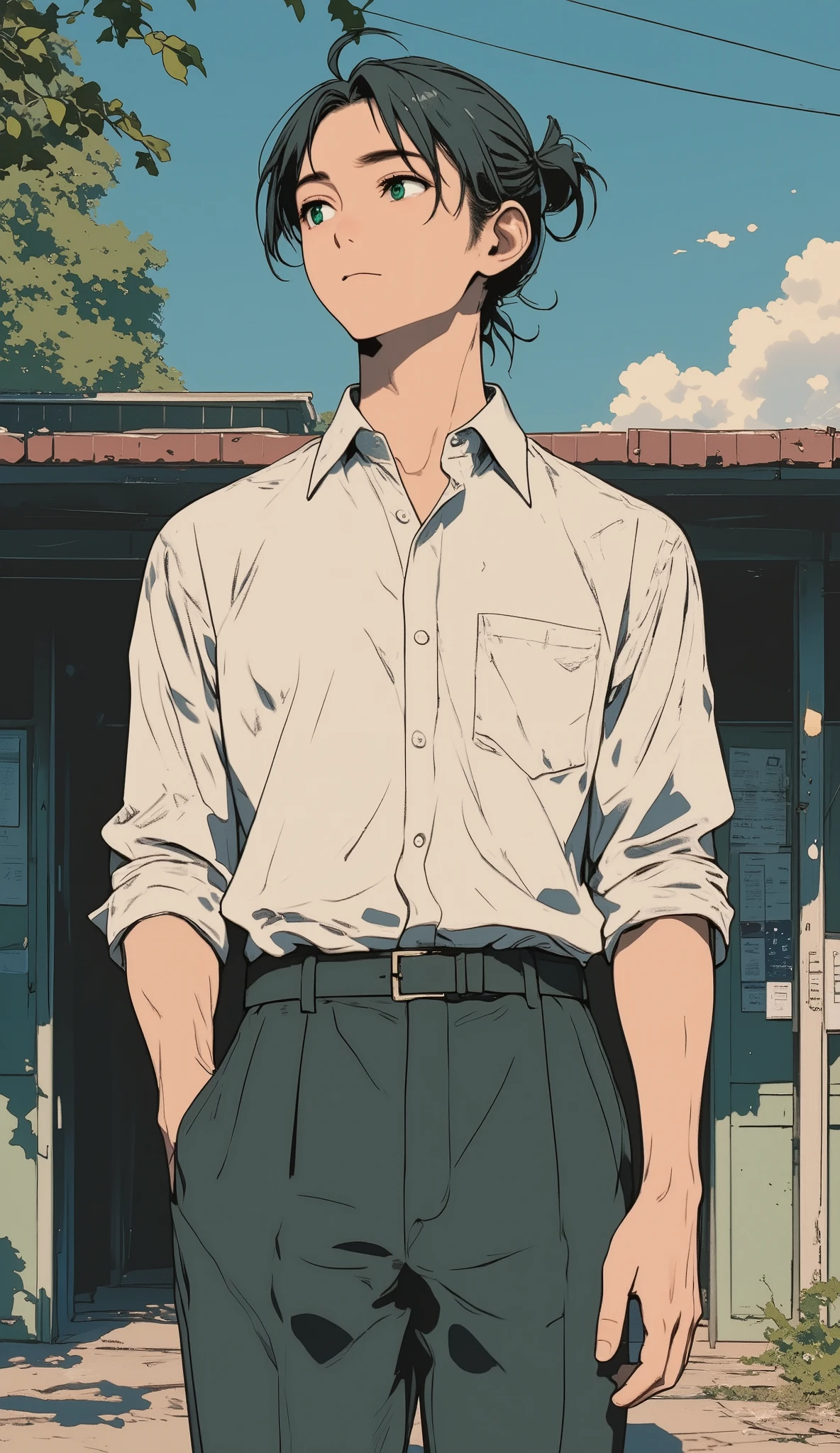  (Medium-Shot, vertical pastel-style illustration featuring tirta, a handsome young man with Black Man Bun is wearing a office shirt. office trousers, well dressed, has a handsome face, cool and quiet, Not too muscular, not smile, the fabric appearing oddly aged or frayed, paired that seem to fade into the darkness below. location in front of school, pastel anime Style.)