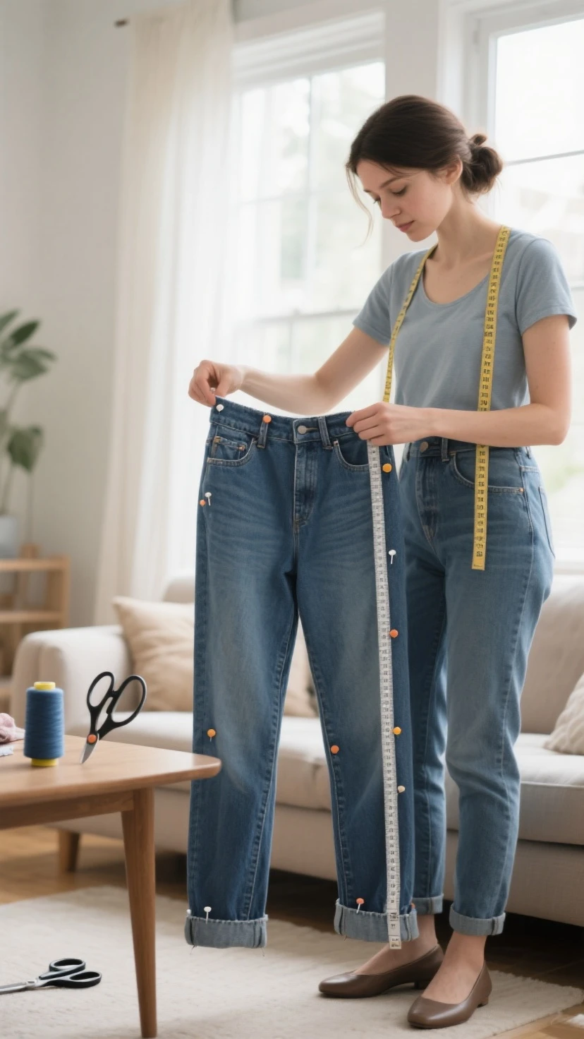 A person holding a tape measure, measuring his or her waist.