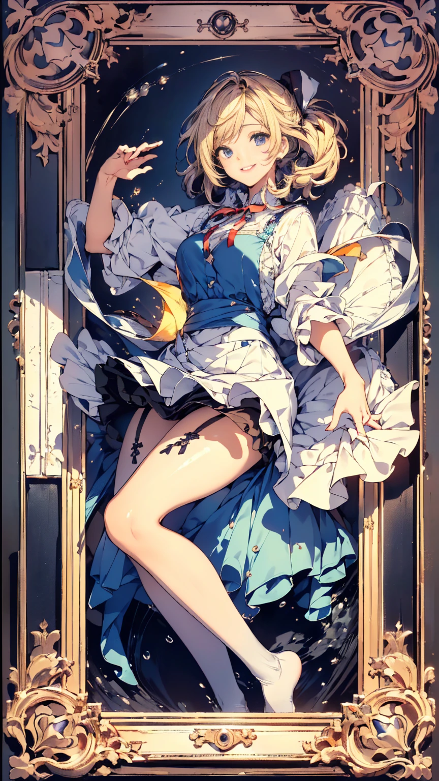 1 girl、laughter、light blue dress、white apron、blonde hair、ribbon、clock、wonderland、（small breasts）、movement、(パンティを膝までさげる,NSFW),