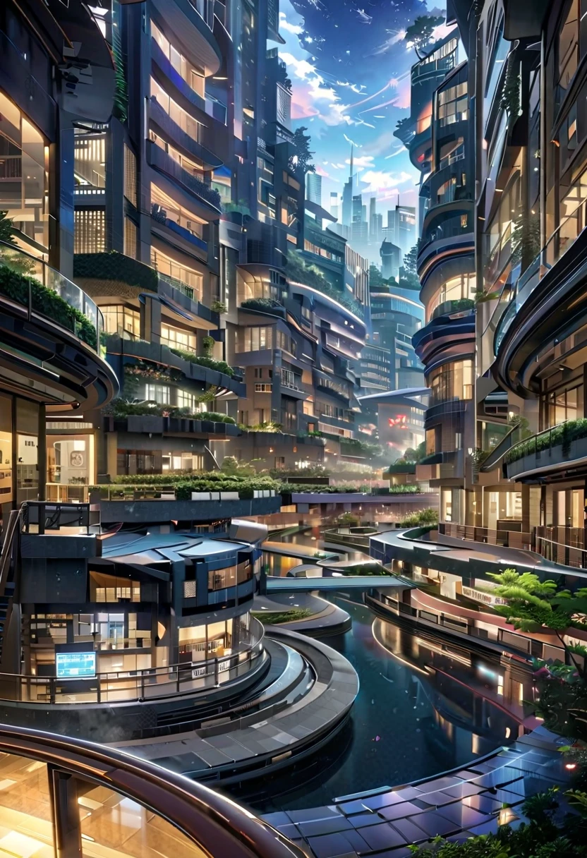 is reminiscent of watching a highly detailed game or movie Fantastic and realistic scenery, masterpiece, Official Art, professional, ((Super Detail)), 8k, ((Don't show it to anyone)), arabesque patterns, A city where everything is made of reflective surfaces and mirrors, that creates an infinite sense of reflection and infinite space. The architecture is abstract and futuristic, floating buildings and passages made of light. The sky is a fusion of changing colors, auroras and twinkling lights、Create a dreamy atmosphere. This city has、mirror-like landscape、and a fluidly moving、where mystical beings live