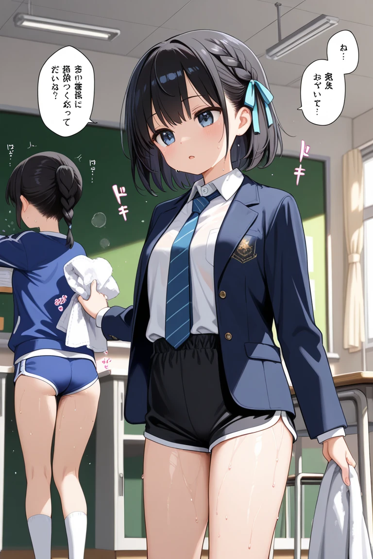 (((masterpiece, Highest quality, High resolution, 超High resolution, Pixel perfect, Written boundary depth, 4K, RTTX10.0))), Beautiful Anime Woman, Beautiful art style, Anime characters, ((Smooth texture, Realistic texture, Anime CG style)), Exact finger count、Exact number of legs、(Exact number of arms:1.0, Exact number of hands:1.0), (Perfect hands, Perfect Anatomy), Cinematic, Realistic, Highly detailed CG, Daytime lighting, Perfect lighting, Best Shadow, The best natural light, whole body, Perfect body, (Slender body:1.2), whole body, ((bangs, Dark brown hair, Stylish and cute bob cut)), ((Cute woman shows off panties in her hands:1.3)), (Fashionable white shirt, Sailor collar, Knee-high socks, loafers, Navy pleated mini skirt:1.3), ((Sexy and cute panties, (Stylish shiny satin pink panties:1.2), Side tie panties, Small lace panties:1):1.3), (Beautiful and very large breasts:1.1), (Beautiful and thin thighs:1.3), Short torso, Feeling embarrassed, (blush:1.2), (Embarrassed expression:1.4), (In the school classroom:1.3), Angle from the front,(((Sexy see-through lingerie for women,Shiny bodysuit,Smooth and silky clothing,Trimmed combination,Lace Stockings,Erotic leash,pajamas))),((LOVE JUICE makes your underwear wet:0.4))