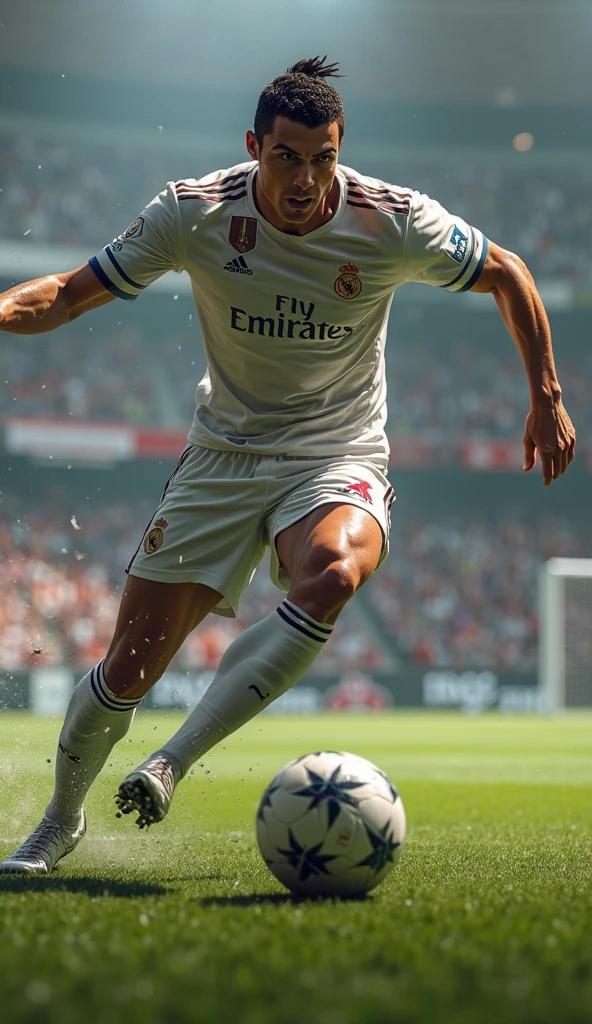 Photorealistic, 64K, A realistic christiano ronaldo [wearing real madrid soccer jersey number 7] standing up celebrating his iconic celebration goal, both his leg opened wide, and also opened wide his arm, in stadium background