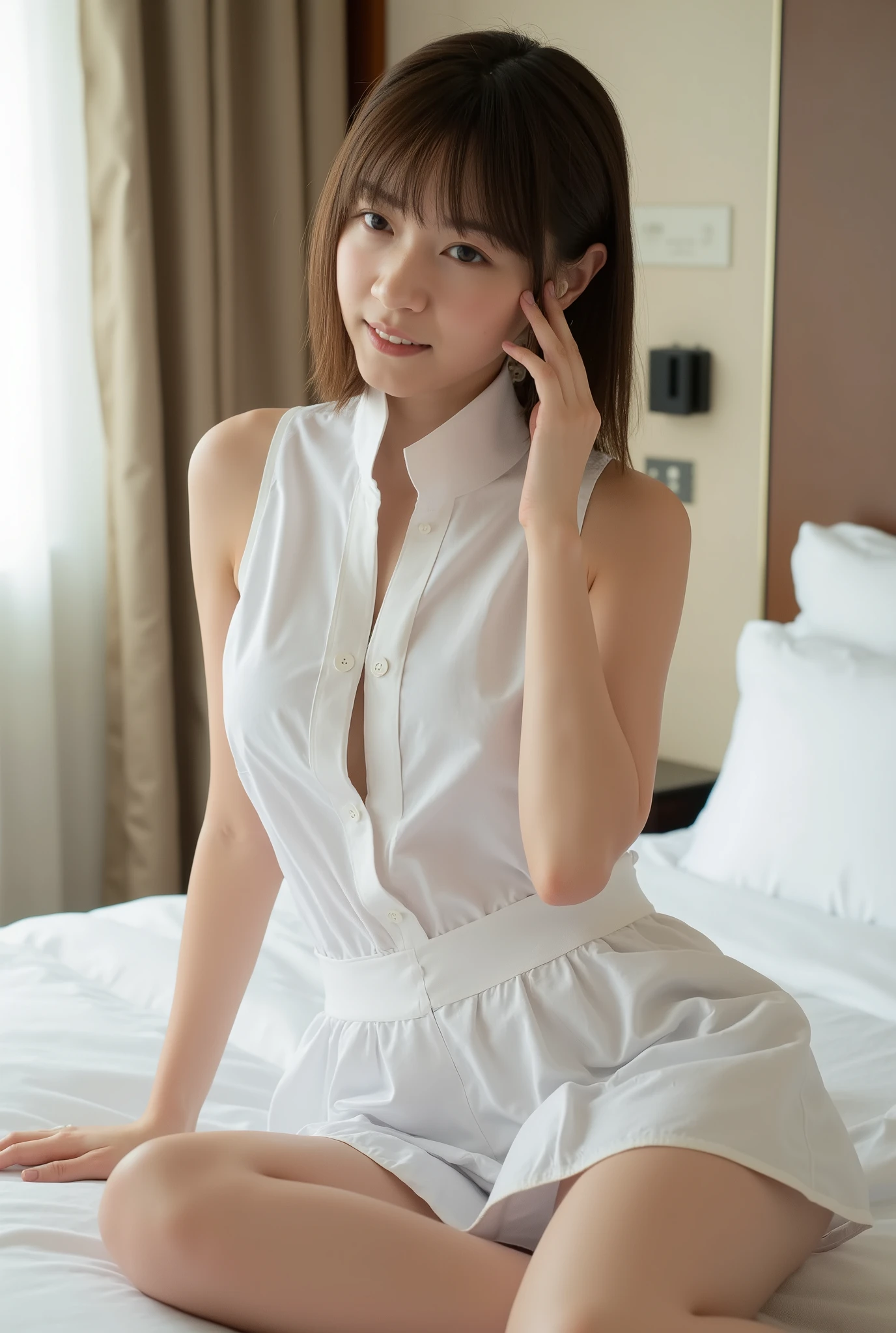 Hospital room examination table nurse, Highest quality, shape, Very detailed, In detail, High resolution, 8k wallpaper, Perfect dynamic composition, Beautiful details,  Natural Lip, Nurse uniform upskirt , Big Breasts, The uniform is open，Cleavage, She is smiling happily while looking back in an erotic pose. ..., A masterpiece of the whole body, Whole shot
