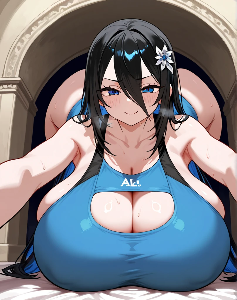 1girl, solo, mature female, milf, motherly, older female, (((dark-skinned female))), wavy hair, short hair, blue hair, blue eyes, swept bangs, large breasts, blue dress, strapless dress, tube dress, blue high heels, smile, standing, hands on hips, looking at viewer, outdoors