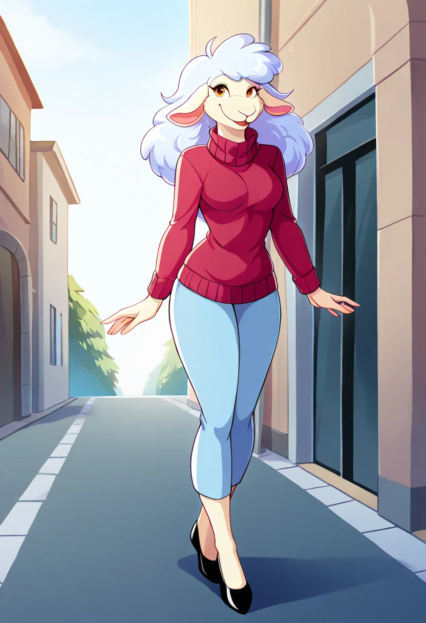 female, solo, (full body), furry, sheep, (sweater), sha_(twf), smiling, beautiful, highly detailed, high resolution, good , detailed background, street background, detailed hair, masterpiece, handfixer