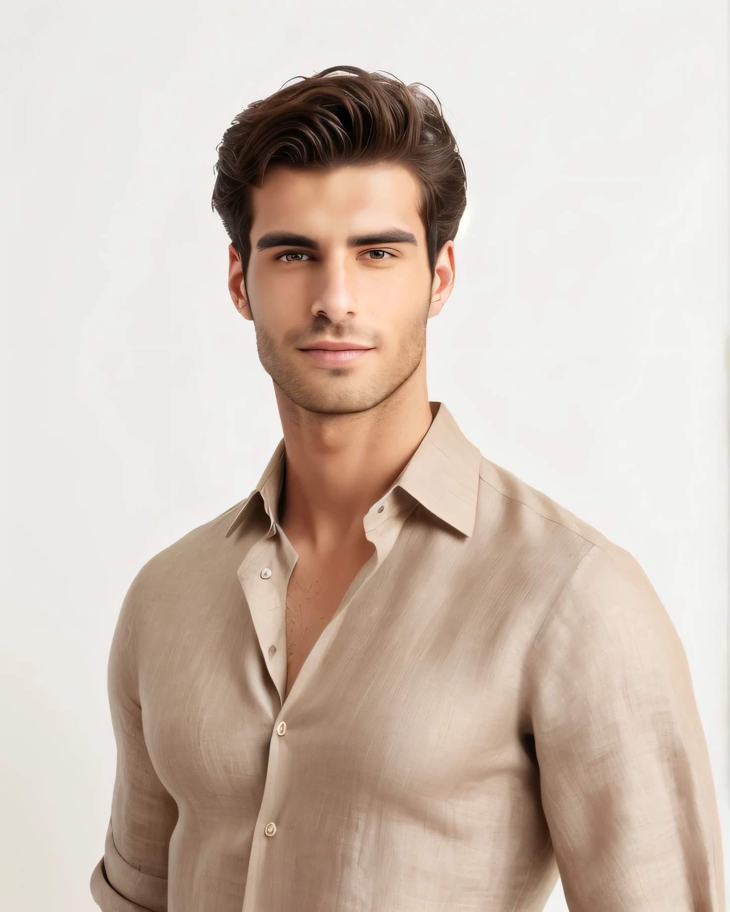 arafed man in a tan shirt posing for a picture, handsome male, handsome and attractive, attractive male, wearing a linen shirt, handsome young man, lean man with light tan skin, handsome man, handsome attractive face, raphael lecoste, background : diego fazio, handsome stunning realistic, elegant slim beige shirt, wear's beige shirt, male model