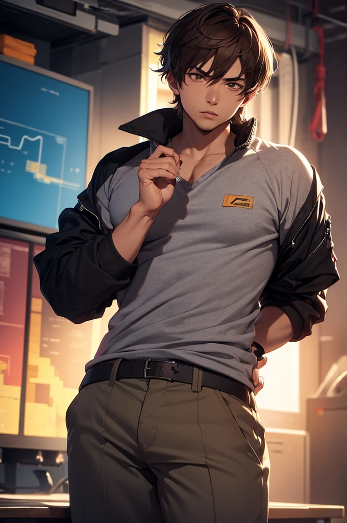 16 year old boy, 1.60 cm tall, dark green eyes, long dark brown hair, slim and muscular ,wind breaker style and long face, fighter
Anime, dressed in a white tank top and long black trousers