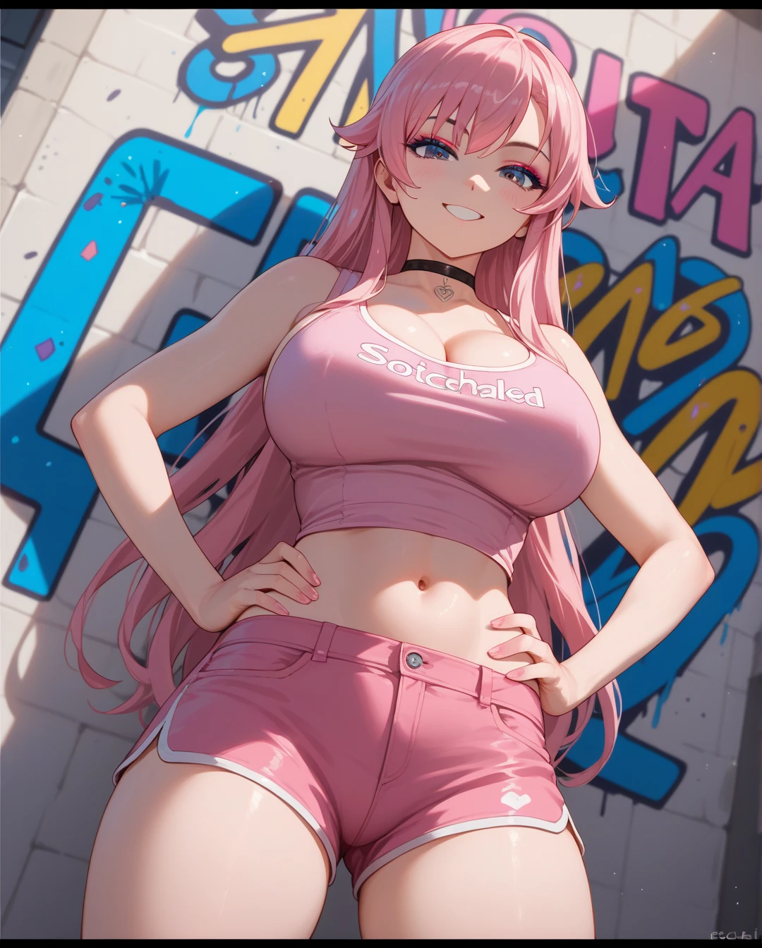 (((masterpiece))), (((best quality))), ((ultra-detailed)), (illustration), ((an extremely delicate and beautiful)), ((super detail)), ((high resolution)), (((20 years old))), ((metallic cloth)), (cheerleader), (super heroine), (android), delicate metal decorations, gleaming skin, shiny body, two legs, breast focus, (((tall))), slender legs, ((big round eyes)), cute eyes, drooping eyes, ((adult)), two hands, five fingers, no extra hands, elegant smile, braid, ((metallic blue)), (see-through), (dark pink hair), (((ultra-huge breasts))), (shining brightly), outdoor, mini skirt, daytime, ((biopunk)), (hair shorter than shoulder), (medium length hair), gynoid, (metallic shining competition bikini), city, ((midriff-baring outfit)), (spread legs), (arms behind head), camel toe, sit with legs stretched out,