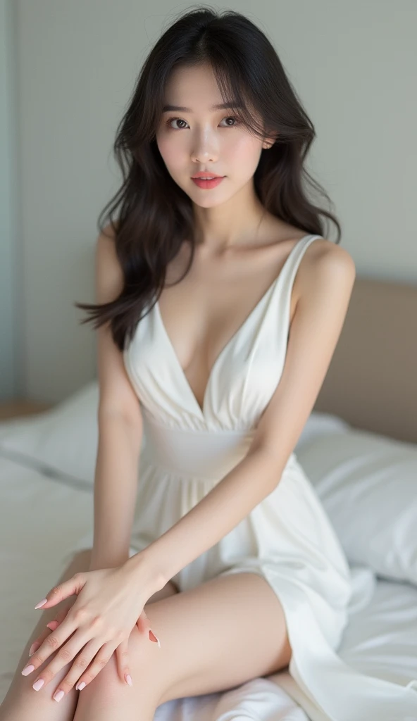 (A woman wearing an off-the-shoulder dress staring)、Very beautiful woman、Japan woman at 21 years old、(Highest quality、high resolution、High resolution、High definition、masterpiece、16K:1.2)、(whole body:1.3)、In the lounge of a luxury hotel、Marble floor、Luxurious chandelier、((Nikon Z9 NIKKOR Z 50mm f/1.2 S 50mm F/11 1/40secs))、(RAW Photos、Photos like the real thing、Clear photos:1.1)、Perfect proportions、8th life、Long legs、Detailed face and eyes、Dark brown eyes、Lifelike skin texture、A ruddy face、slightly blushing face、Cute Face、Sharp face line、Beautiful feet、Beautiful breasts、Medium breast、Narrow waist、Glossy lips、Beautiful clavicle、Beautiful décolleté line、Semi-long hair、slightly wavy black hair、Beautiful hair with luster、Female college student、Off-white dresses、Slit dress、High heels、With a refreshing smile、