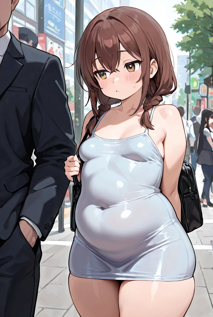 tmasterpiece, Best quality at best, highr, 1girll, whaite hair, short detailed hair, eBlue eyes, Large breasts, vests, bike shorts, hason, jogging, sweat leggs, with her mouth open, exteriors,pregnant women with