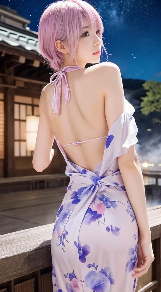 (masterpiece, highest quality:1.4), Beautiful Face, 8k, 85mm, Absurd, (A tiny floral bikini:1.1), Face close-up, violet, Gardenia, Delicate girl, alone, night, View your audience, Upper Body, Film Grain, chromatic aberration, Sharp focus, Face Light, Professional Lighting, Sophisticated, (smile:0.4), (Simple Background, Bokeh Background:1.2), detailed aspects,(Show one breast:1.2)((Very young and immature & Very few & Very flat chest:0),(Pink fashion glasses,1),(Showing anus from behind:1),((She takes off her yukata and shows her side boobs:1.2))