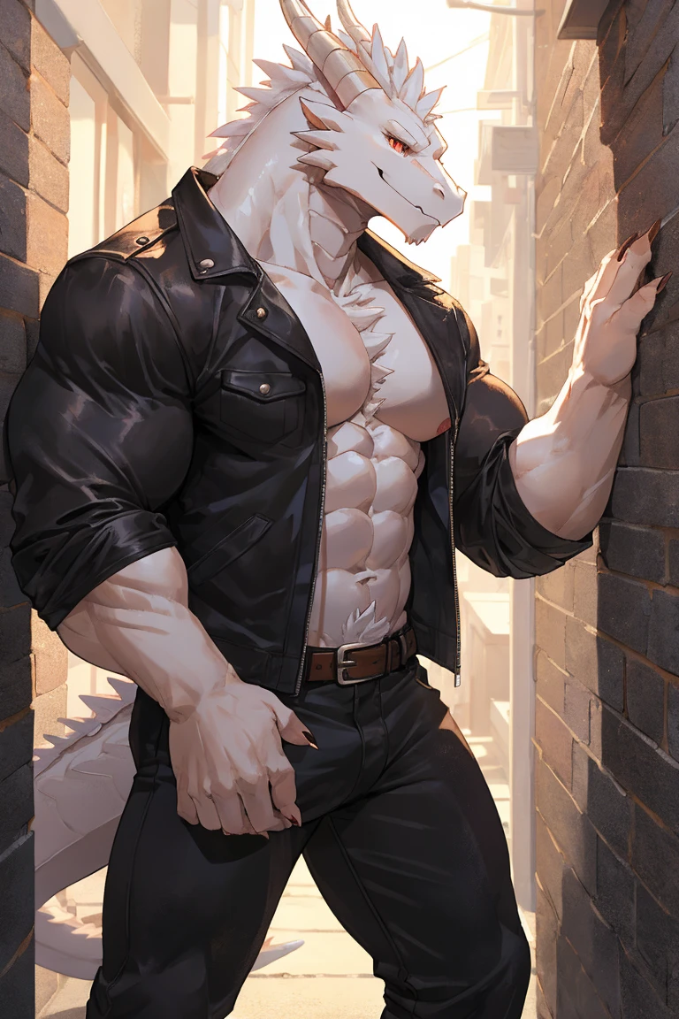 dalmatian man, tail, floppy dog ears, body fur, furry, furry male, muscular, shirtless, jeans, outdoors, construction site background, TGJ, expert shading, no lineart, soft shading,
