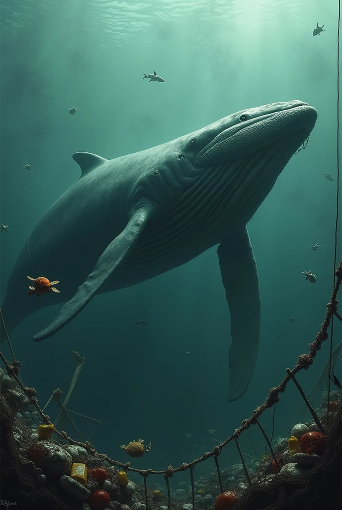 Image of a giant blue whale swimming in the sea, with a small ship silhouette on top for size comparison.