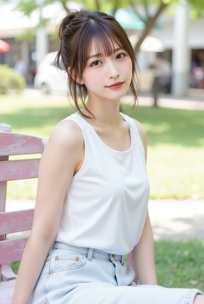 highest quality, masterpiece, ultra high resolution, (realistic:1.4), (close portrait) Raw photo, 1 girl, 22 years old,((Kamakura GARDENHOUSE)),(((cafe clerk))),((long hair chignon)),(white t-shirt and jeans),Apron appearance,masterpiece, realistic pictures, japanese pictures, fuji negative film, saturation, contrast, Pocari Sweat Advertisement ((small breasts)),((smiling showing teeth)),,brown hair,