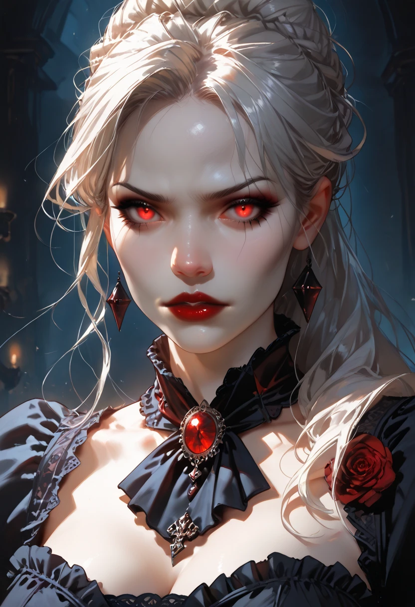 best quality, incredibly absurdres, extremely detailed, 2.5D, delicate and dynamic, beautiful woman, white hair tied up, gorgeous and glamorous black evening dress, red lines, shiny satin fabric, lace, embroidery, robes, shawls, accessories, captivating look, superlative body proportion, gorgeous and gorgeous effects, background aristocratic social setting