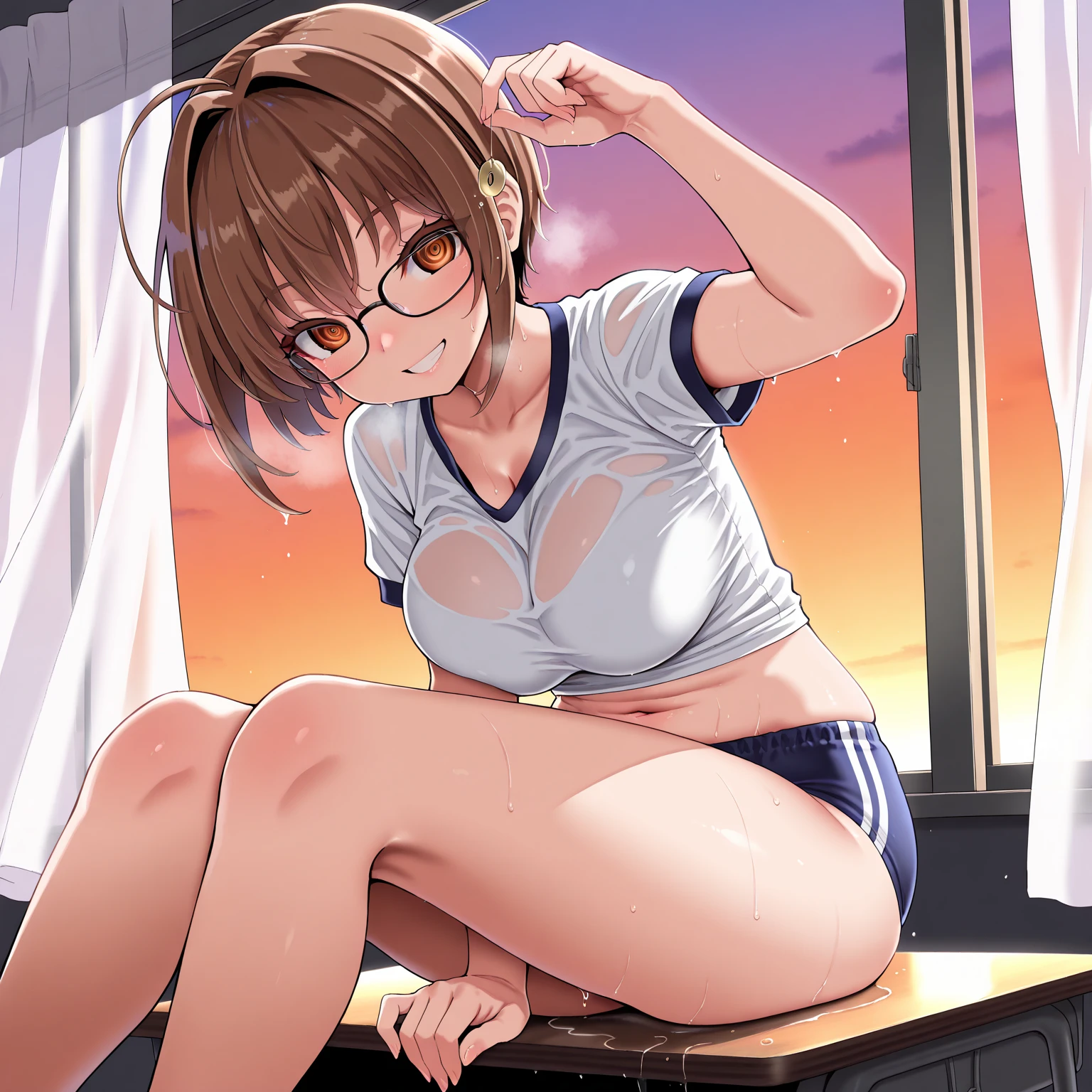 nsfw, (masterpiece), (photo realistic1.4), ultra high res, best quality, 8k,indoor,comic shop,comes one’s front:1.0,BREAK solo, 1girl, 20yo, an extremely beautiful girl, beautiful face, perfect face, cute symmetrical eyes, double eyelid, medium breasts, puffy_nipples, (perky breasts), narrow waist, (pubic brown hair:1.4), bsp, pussy juice dripping, ((short hair, dark orange hair)), glasses,no makeup, sweaty body, standing, BREAK (green tracksuit), (open clothes), breasts, nipples, nipple slip, pussy, pussy slip, no panties,(embarrassed,smile), open mouths,(((one eye closed))),((tongue out)),deep breathing, feel good,indecency,spread legs, squatting,(((female masturbation:1.3))),(toying self), (put your finger in the pussy),(cum shot),((bukkake))