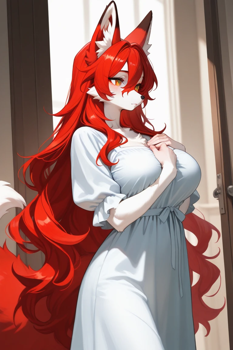 1girl, 20s, upper body, red hair, very long hair, fox ears, white shirt, breasts, looking at viewer, seductive smile, one eye closed, hand on own chin , petals, masterpiece, best quality
