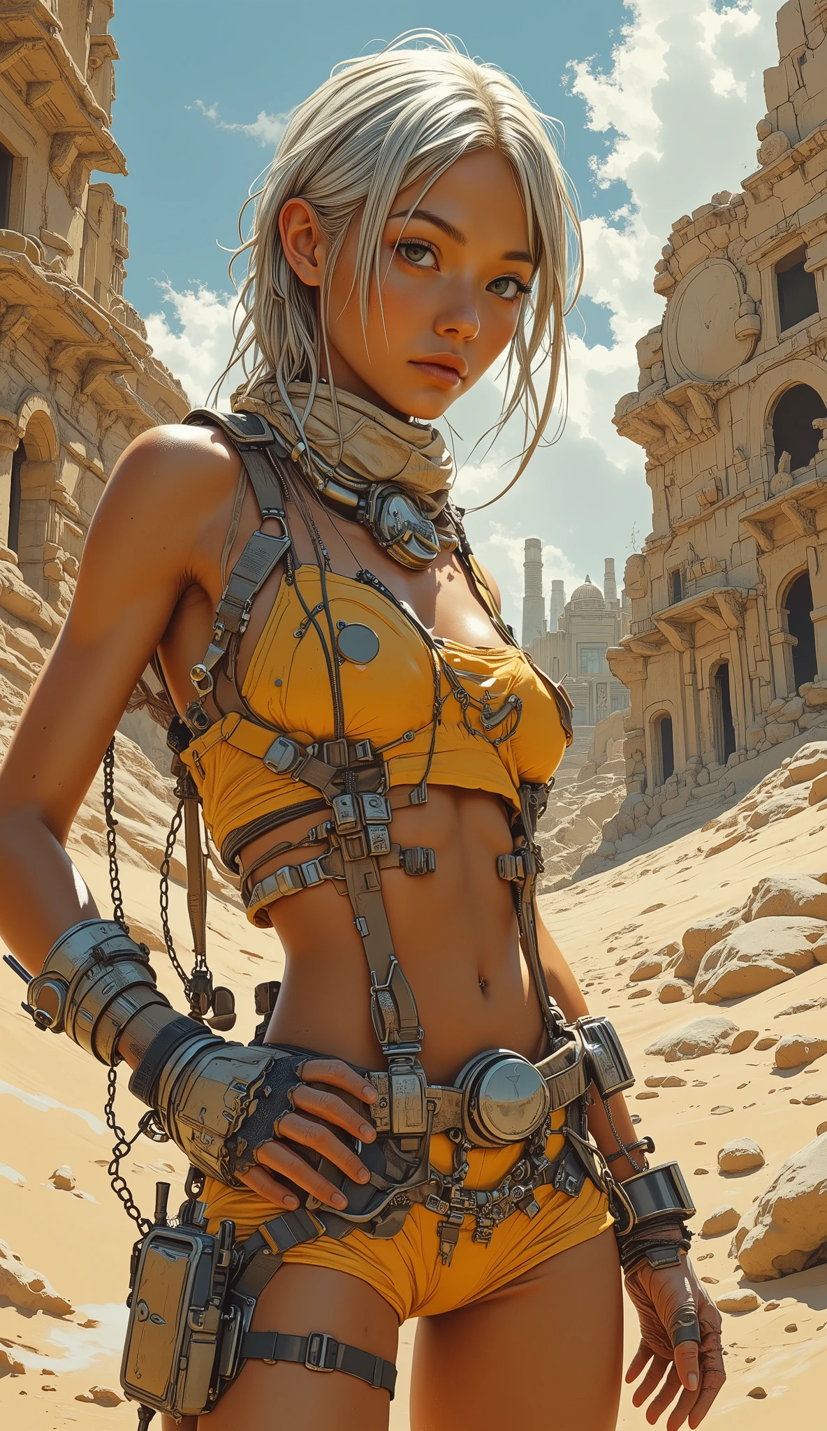 (Solo, bewitching female treasure hunter, adventure), (fantasy world, Ruins in the desert), (stunning goddess best shot, shoot from back, ((shoot from below )) ), (Very hot and sexy girl is looking back), Incredible beauty, in the fantasy world, ruins in the desert , beautiful detailed silver hair, very short hair, (((pony tail:1.4))), (((suntanned skin, suntanned))), ultra sexy face, detailed description of face, athletic, seductive breast, sexy navel, necklace, (Wet body, suntanned:1.4, black skin, sweating, Glowing Skin, extremely detailed description), Wearing a cyberpunk (((futuristic top and hot pants))) with beautiful cool design patterns, thigh holster, (background, ancient ruins, desert , ruins ), ((outstanding, magnificent artwork, the best quality, interacted, incredibly absurdres, High resolution, Highly detailed CG integrated 8K wallpaper,ultra detail, SFW)), SuchDetail
