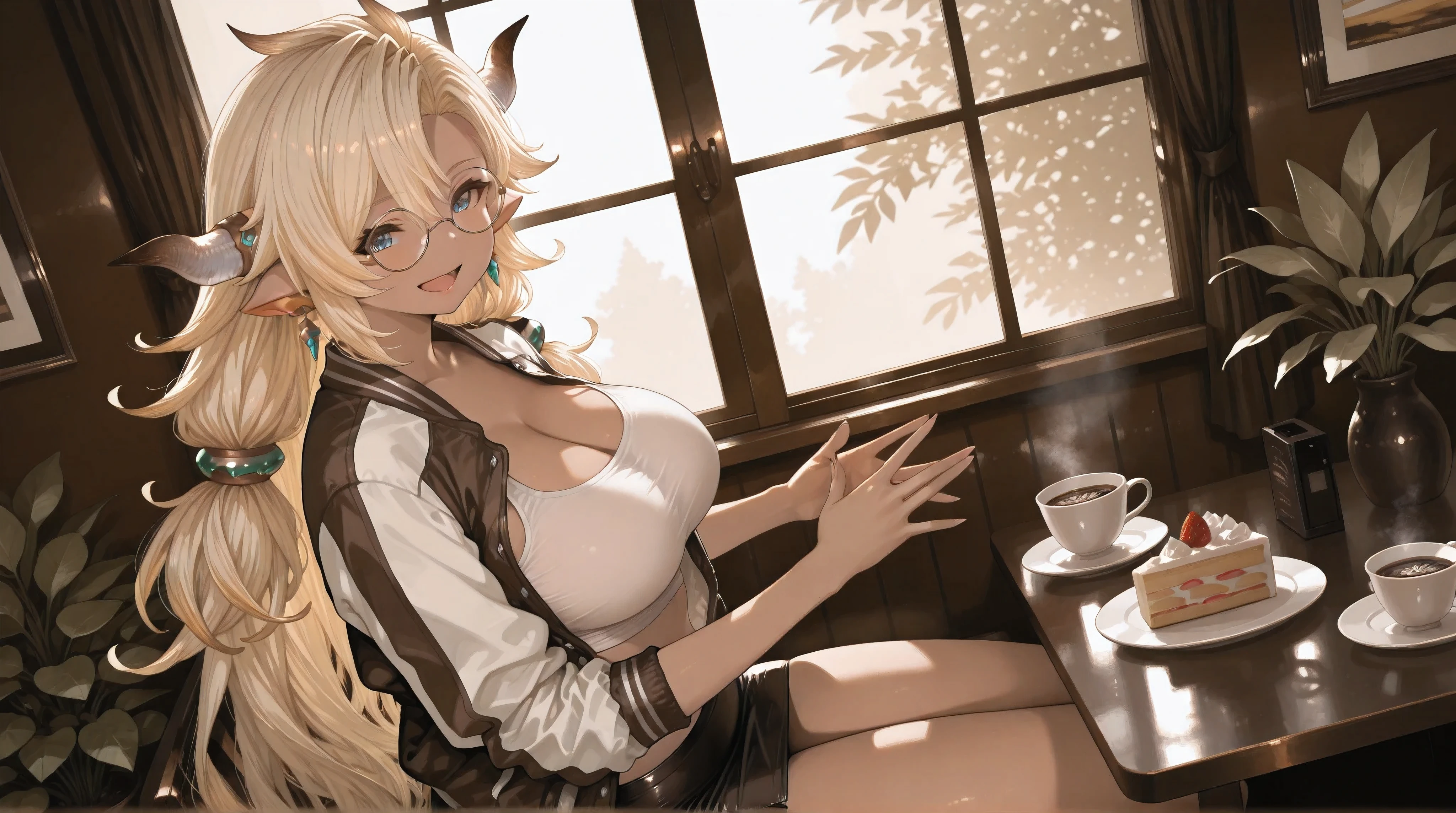 (NSFW:1.1), A Realistic image, extremely sharp focus, crisp details, high resolution, 4K, 8K, high contrast, ray tracing, muted colors, cinematic, fashion photography. (correct anatomy, detailed hands, perfect hands, five fingers). A wide angle shot, side view, a detailed, high quality rendering of Almeida from Granblue Fantasy. She wears beautiful, detailed round eyeglasses, she wears a white crop top, varsity jacket and miniskirt. She has a beautiful large breasts. She has a beautiful face details, a beautiful detailed blue eyes, blonde hair and a real human skin, her expression is happy and she looks at the viewer. She's sitting enjoying the view in the coffee shop. The room is decorated with so many plants, a cup of coffee and a piece of cake on the table, the room was dimly lit, dramatic cool soft light shines from the window casting soft natural shadows, the only light comes from the window, cold color pallete. the background has highest detail, detailed background and depth of field.
