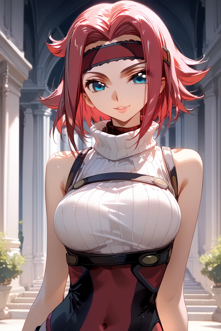 masterpiece, best quality, highres, aki1, izayoi aki, solo, gloves, elbow gloves, breasts, jewelry, cleavage, choker, necklace, black thighhighs, black gloves, large breasts, standing, cowboy shot, outdoors,
