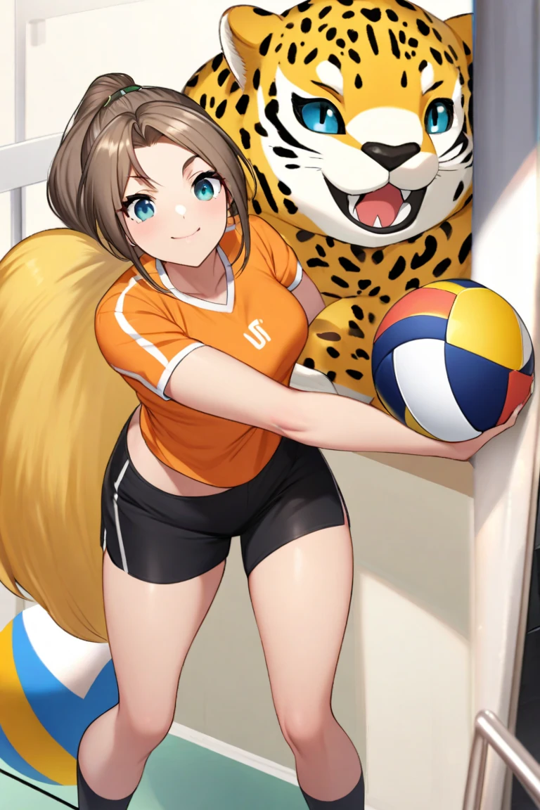 1. **Theme**: A beautiful woman in a girl's gym uniform from the Showa era. **BRAKE**
2. **Number of Characters**: One woman. **BRAKE**
3. **Worldview**: A fusion of anime and manga, suggesting a sports setting that could be part of an anime or manga series centered around sports. **BRAKE**
4. **Body Type and Skin Color**: cleavage (between breasts),erection of nipple,hanging breasts,armpits, bare shoulders, breasts, caustics, collarbones, big breasts, moles, skin depressions, stomach, thighs, moist and healthy body type, natural skin color. **BRAKE**
5. **Animal Ears and Tail (Horns and Tail)**:Sand cat ears and tail. **BRAKE**
6. **Costume and Costume Color**: deepred buruma, gym shirts, white t-shirts, gym uniform. **BRAKE**
7. **Hairstyle and Hair Color**: Mainly long hair, with the other three hairstyles arranged. The main hair color is gold, with a little bit of blue and green added as a gradient. **BRAKE**
10. **Props (From Weapons to Daily Necessities)**: Yellow volleyball. **BRAKE**
11. **Emotions and Movements**: Standing facing the viewer, supporting the shorts with her left hand and placing her right hand on her head. She has a determined look on her face, showing her readiness for the game. **BRAKE**
12. **Supplement (Others)**: In the background, there are two other players. One is wearing a color-coordinated uniform, and the other is wearing a plain white shirt and is engaged in a volleyball game. **BRAKE**
13. **Perspective**: The girl standing on the volleyball court is in the foreground, and the other players are in the background to express depth. **BRAKE**
14. **Composition**: The girl is placed in the center to attract the viewer's attention. **BRAKE**
15. **Background and Detailed Color of the Background**: Volleyball court, natural color. The court is well-maintained, with clear lines and a net in the middle. **BRAKE**
16. **Lighting**: Natural light illuminating the scene. **BRAKE**
17. **Colors to Absolutely Include**: Mainly gold, blue, and gr