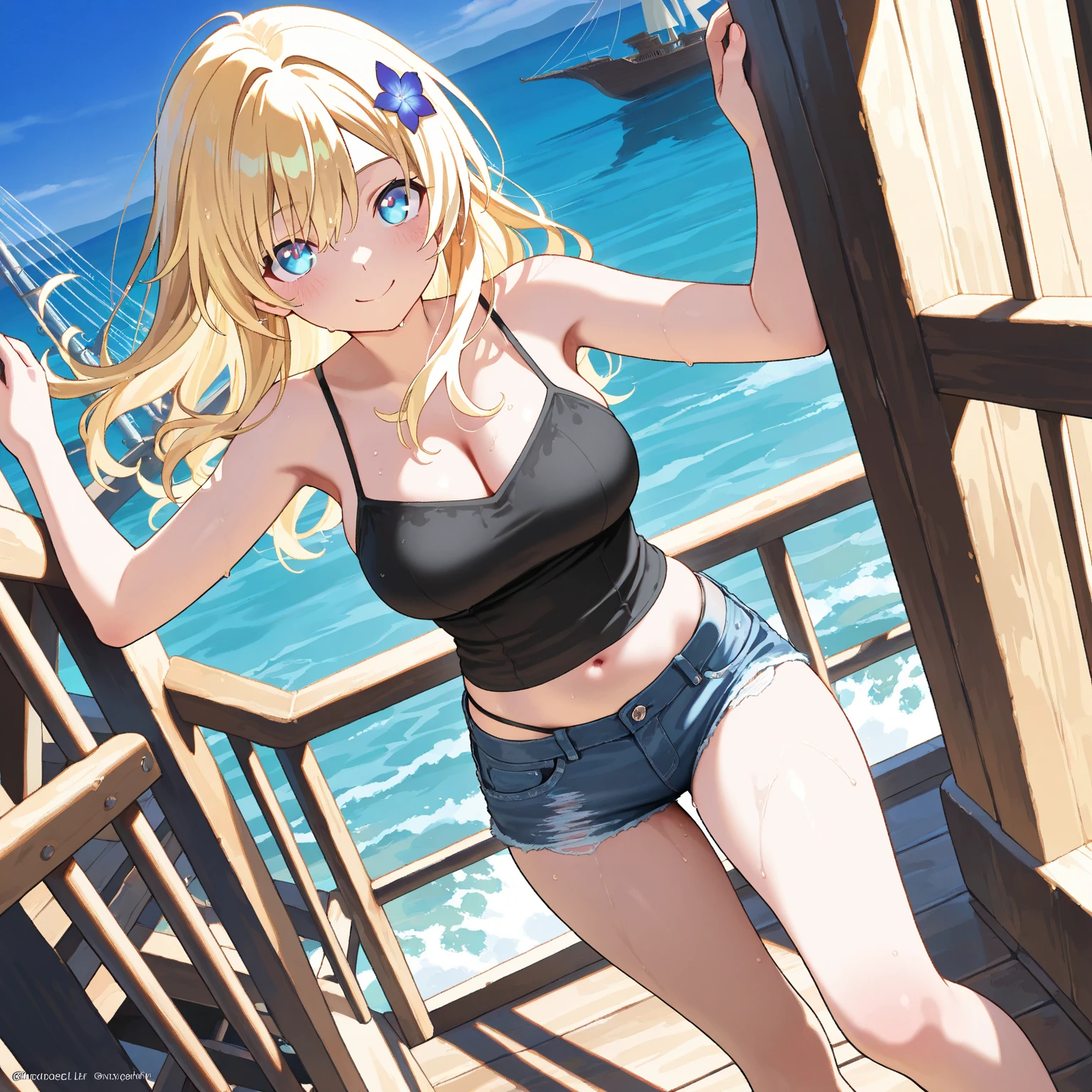 Wavy blonde、red eyes、Beautiful girl alone、The bikini、gravure、sitting on、the beach
