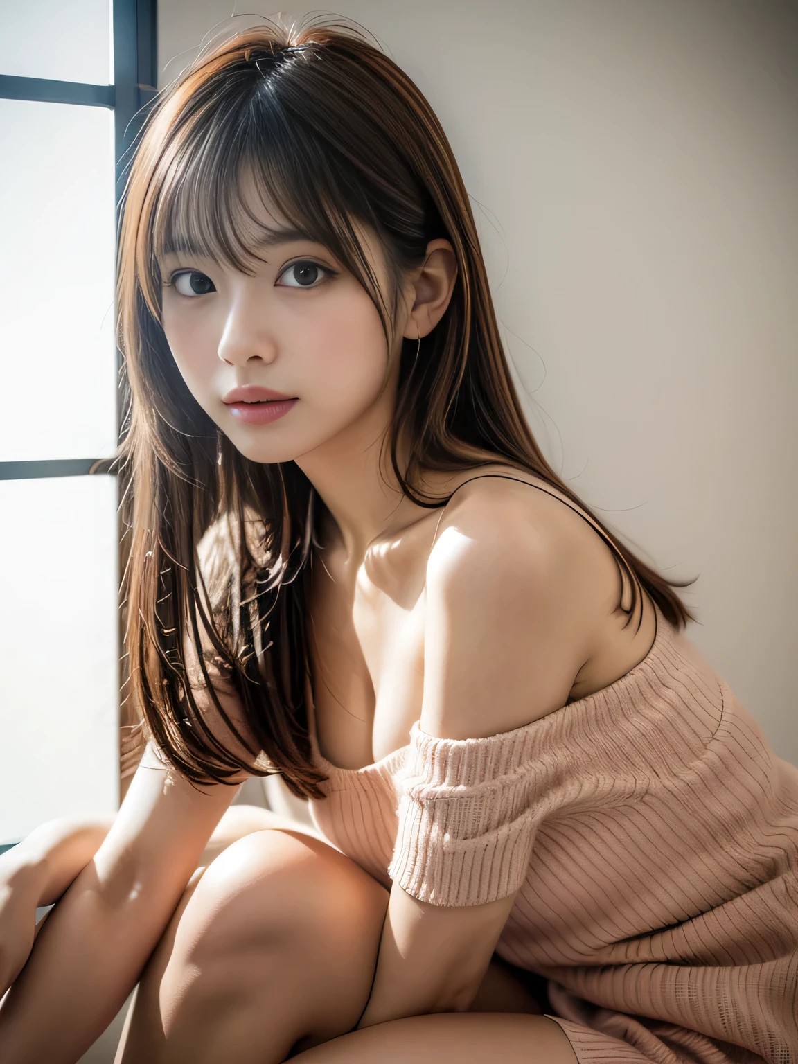 (table top: 1.3), (maximum resolution: 1.2), (Ultra HDTV: 1.2), cinematic light, Ultra HDTV, (fine eyes and skin), (detailed facial features), 8K resolution, sharp focus: 1.2, perfect style, beautiful face, perfect body, Accurate, anatomically correct, Highly detailed face and skin texture, fine eyes, dark blue eyes, double eyelid, thin eyebrows, glitter eyeliner: 1.2, natural cheeks, Glossy skin, Fair skin: 1.2, small shiny necklace and earrings, (glossy lips: 1.4), break, one person, (She is a very cute female teacher), (enchanting smile: 1.2), ((innocent and cute girl:1.3)), (long wavy hair), (light brown hair:1.2), , break, ((very close relationship: 1.2)), medium breasts, ((looking at the viewer:1.2)), ((library 1.2)), (From the side:1.2),low angle shot, off shoulder sweater, tight jeans, mini skirt, embarrassed look