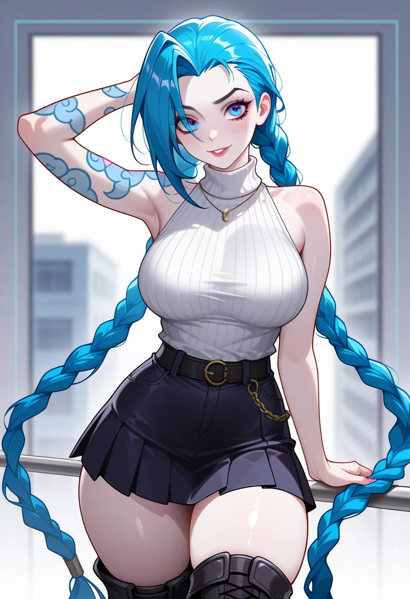realistic,masterpiece,blue eyes, solo, blonde hair, glasses on head, looking at viewer, smile, earrings, jewelry, looking back, full body, smiling, Jinx arcade, medium breasts, shiny, shiny skin, mature woman