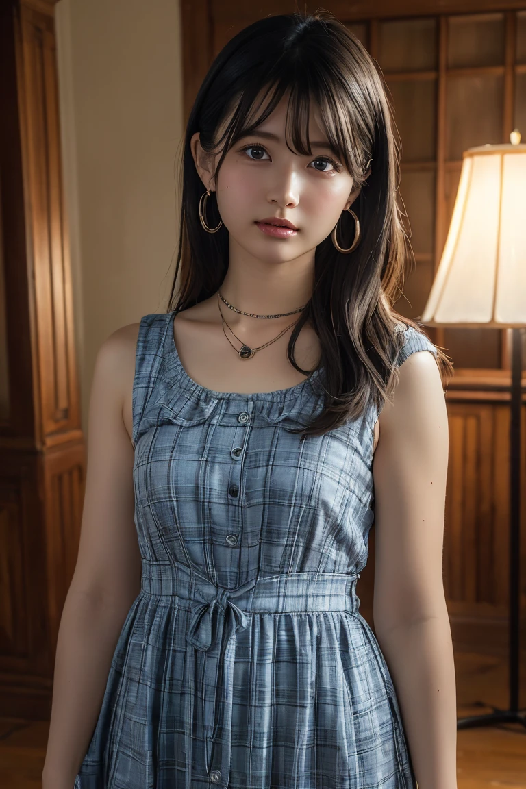 (Highest quality:1.4),(masterpiece:1.4),(Realistic:1.4),(Realistic:1.2),(超High resolution, RAW Photos:1.4),(High resolution, Very detailed:1.2),(8k:1.2),View your audience,Cinematography,One Girl,skeletally correct,Black-haired woman,(Small earrings,necklace,neat dress,Straw hat),(Inside the Western-style building,Dimly lit room,The lamplight shines on my cheeks)