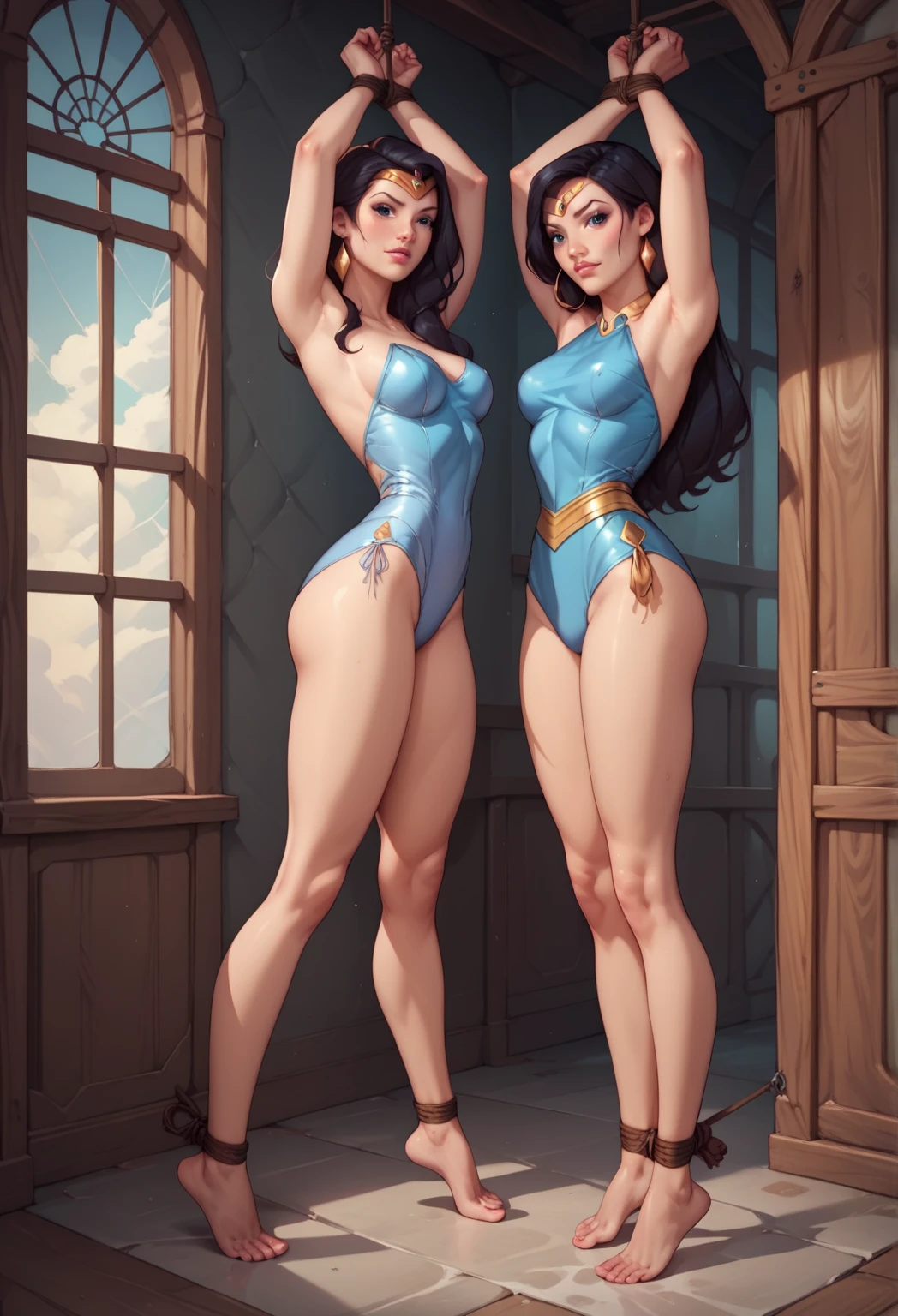 Beautiful character pose in dynamic pose two women together Jennifer Connelly on the left and together with Cinderella on the right with a symmetrical body with a corset and beautiful breasts, corpo bem definido, delicado e sensual, Cartoon style illustration, digital illustration White background 