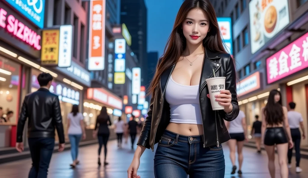 Downtown at night、The neon lights on the billboards are dazzling、A cute girl who is drunk and collapsed on the street、Close your eyes、Your mouth is open、huge tit、beauty legs、cleavage of the breast、high-heels、(Holding a bottle of liquor)、Long Line Food Court× Skinny Jeans × Combat Boots