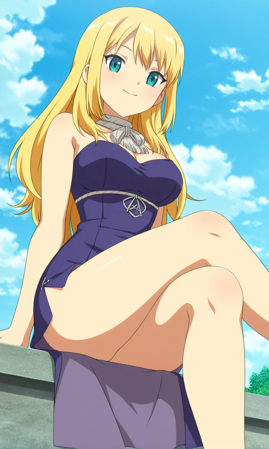 violet evergarden masterpiece, best quality, 1girl, solo, blonde hair, blue eyes, braid, long hair, hair between eyes, sky, smile, blurry, looking at viewer, bangs, looking at viewer, competition swimsuit, wet, blush, full-face blush, embarrassed, spread legs, cameltoe, beach, sunlight, sun