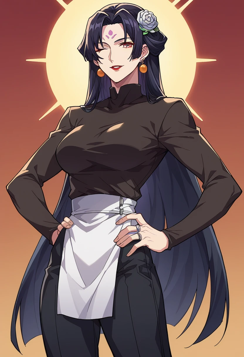 Good quality, details, 2D, black background, mature hinata hyuuga, ((large breasts)), purple clothing, long hair, white eyes, based in naruto shippuden art style.