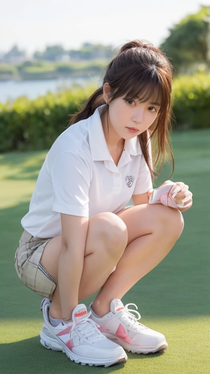 1womanl、(Solo)、(Japanese girl with a young face at )、(Super beautiful)、(ultra beautiful faces)、(A detailed face:1.5)、blue eyess、Smirk、(A detailed eye)、(Detailed lips)、(Detailed nose)、(short stature)、Athlete body shape、(Black hair with bangs and ponytail:1.3)、Hair Scrunchie、(Her body is facing this way:1.5)、Crouching、(with spreading legs:1.2)、Before hitting the putter、golf ball,(She is 11 years oldff her white panties that are too small:1.2)、Less pubic hair、(Hands behind your back:1.2)、(Very looking at the camera)、Golf Wear、(pleatedskirt)、(golf shoes on the golf green)、(With soft light:1.2)、(nsfw:1.1)