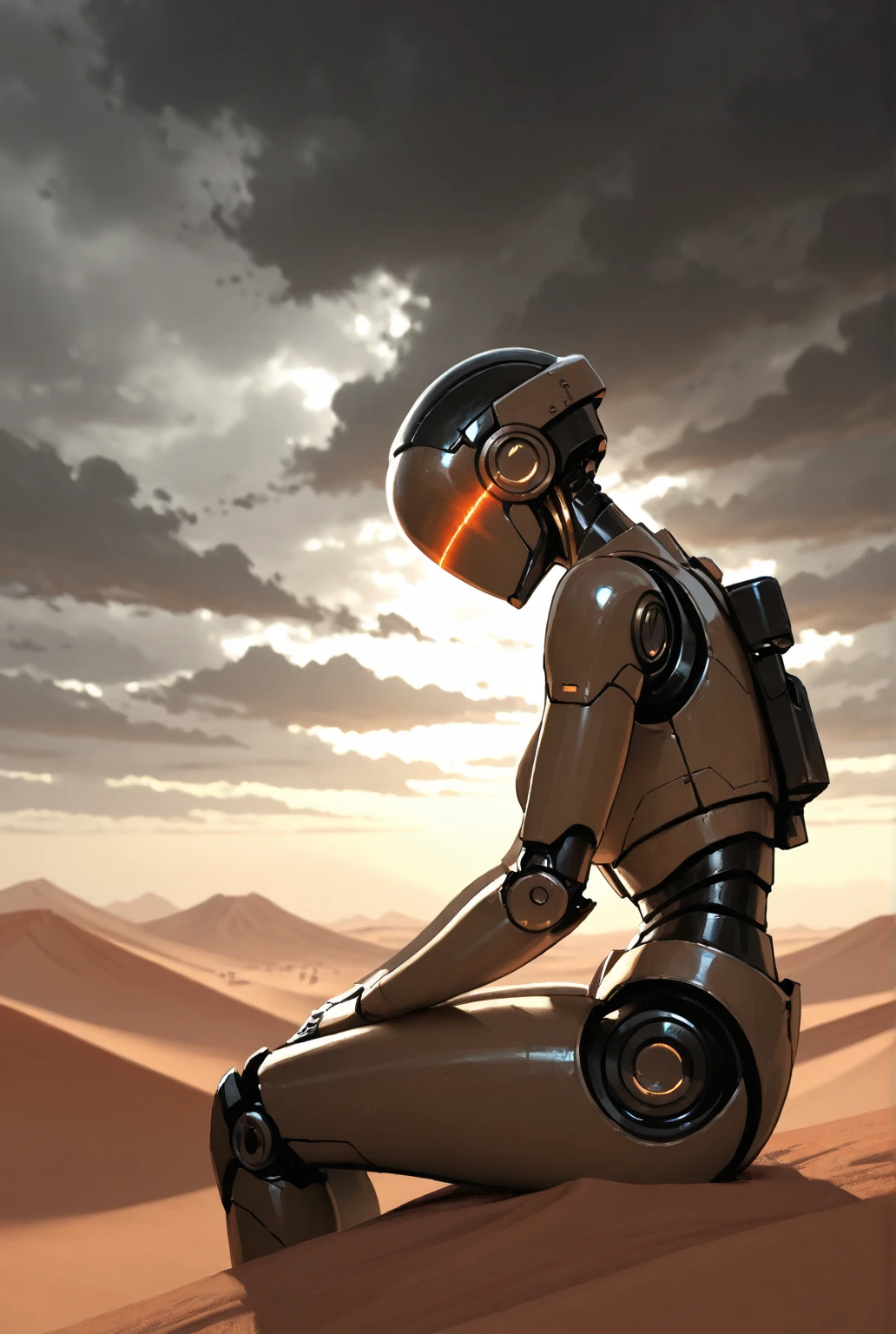 a robot is sitting on the floor of a desert valley, with a relaxed posture. Beside him, a speaker emits a soft melody, seeming to bring life to the arid landscape. over the horizon, the valley stretches, revealing scattered trees that dot the landscape and majestic mountains that rise in the background. The sky is a clear blue, contrasting with the earthy tones of the desert. The combination of the futuristic robot with the natural and desolate environment creates an intriguing scene full of contrast..
