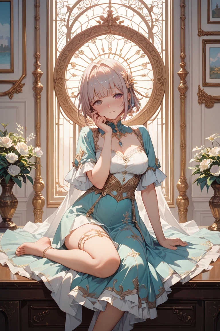 Anime Waifu beautiful detailed eyes, beautiful detailed lips, extremely detailed eyes and face, longeyelashes, 1girl, sensuous, young woman, medium breasts, beautiful feminine face, nice thighs, slim, sexly, erotic, beautiful clothes, perfect body, cinematic lighting and framing, (best quality,4K,8k,highres,masterpiece:1.2),ultra-detailed,digital painting,portrait,glamorous,highly detailed,soft lighting,warm color tones better, hatsune miku, , Giant tits, giant ass, very curvy, Strawberry blonde with curly bangs, pastel pink eyes, fleshy lips, seducer, soft smiling, white flowing dress with long puffy sleeves, elf ears, crown of flowers, thick-thighs, Curvy physique